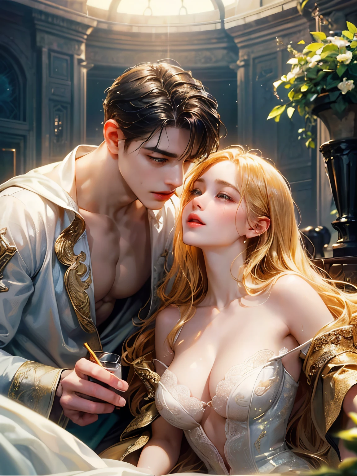 concept-art、erotic worldview、❴A beautiful woman makes a beautiful boy drink a dripping aphrodisiac❵、(two beautiful faces)、Depiction that excites viewers、Lustrous skin、Smooth hair、(A beautiful boy with an expression of ecstasy)、((amazing quality, awardwinning, Intricately detailed, A hyper-realistic, extremely detailed 8K)),