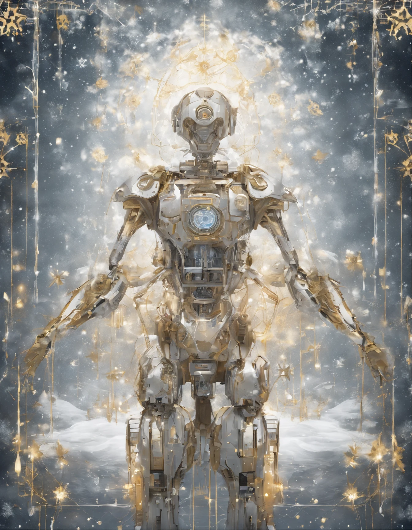 Art Brut Nouveau Photography, Robot Elf themed, Winter, Fairy lights, Snow flakes patterns, In the style of Surreal Robotics, gold, silver and white.