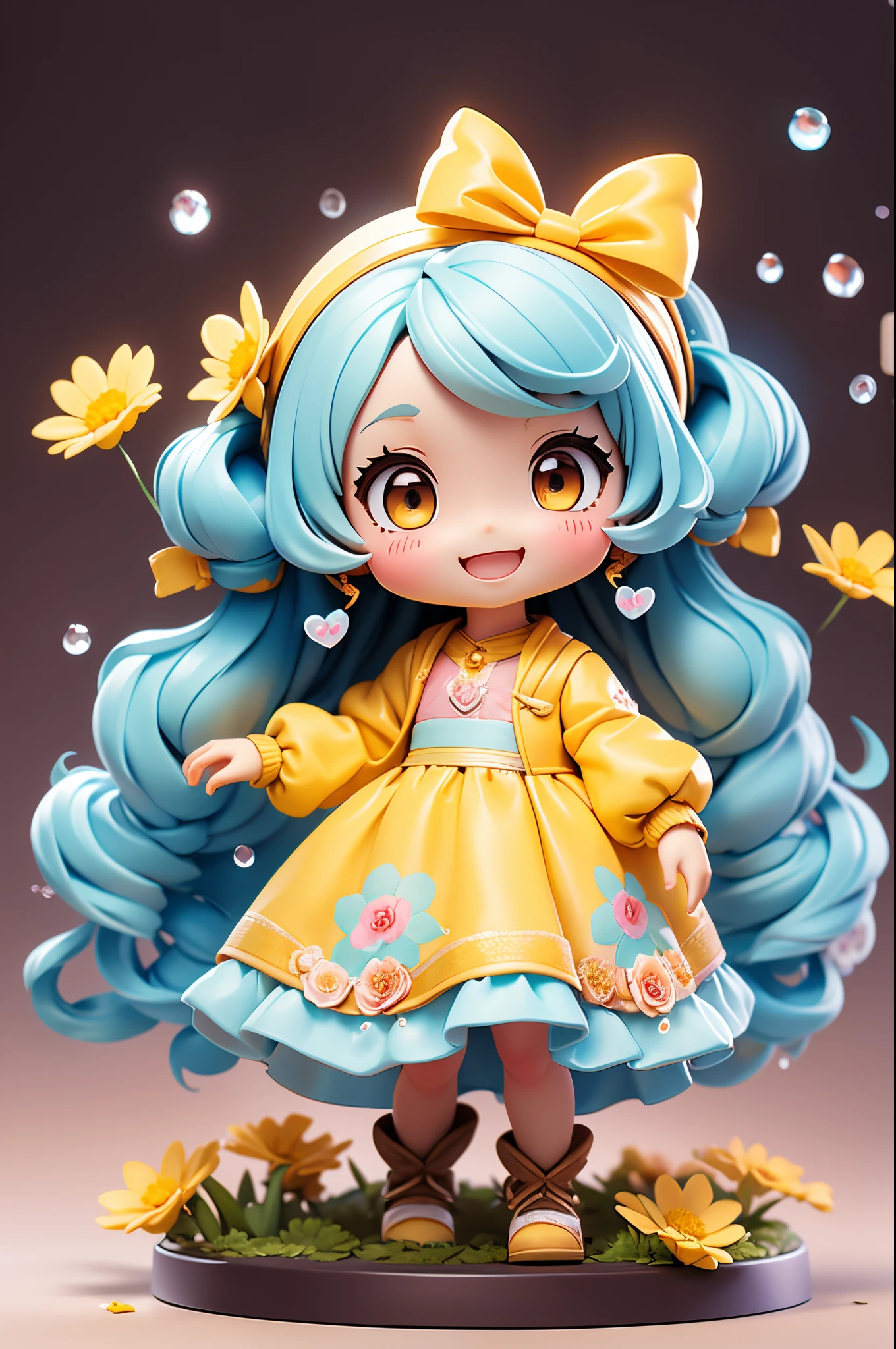photoRealstic、Doll standing in front of the painting（nendroid）、Light blue long hair、Twin-tailed、adorable smiling、Water droplets on the cheeks、In a cute pose、watercolor Nendoroid、(High Definition Figure)、Flowing iridescent silk、up of face、Eye Up、Colorcon with heart pattern、Dress up in yellow and brown costumes、There is also a flower in front of the petal below the Nendoroid.......、season!!: Winters☀ 🍂