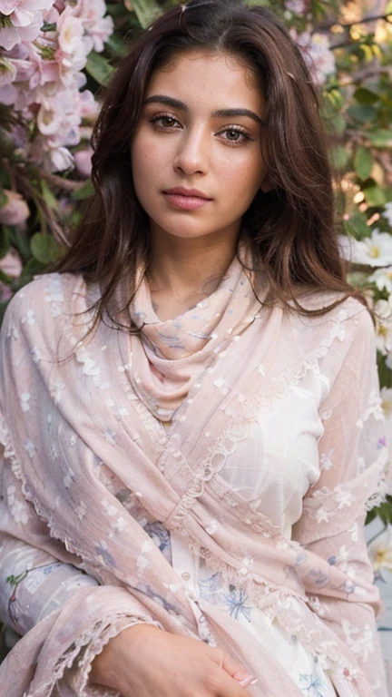 (Best quality, Ultra-detailed, Masterpiece:1.5), Photorealistic photograph of a beautiful pakistani woman. The woman should have a flawless, highly detailed face (Highly Detailed Skin) with soft, luminous skin. Her long hair should be naturally brown and stylishly arranged. (Perfect Eyes:1.2). The photography should feature high-quality film grain (ISO 400, 30mm lens RAW f1.8 aperture. Wearing a scarf