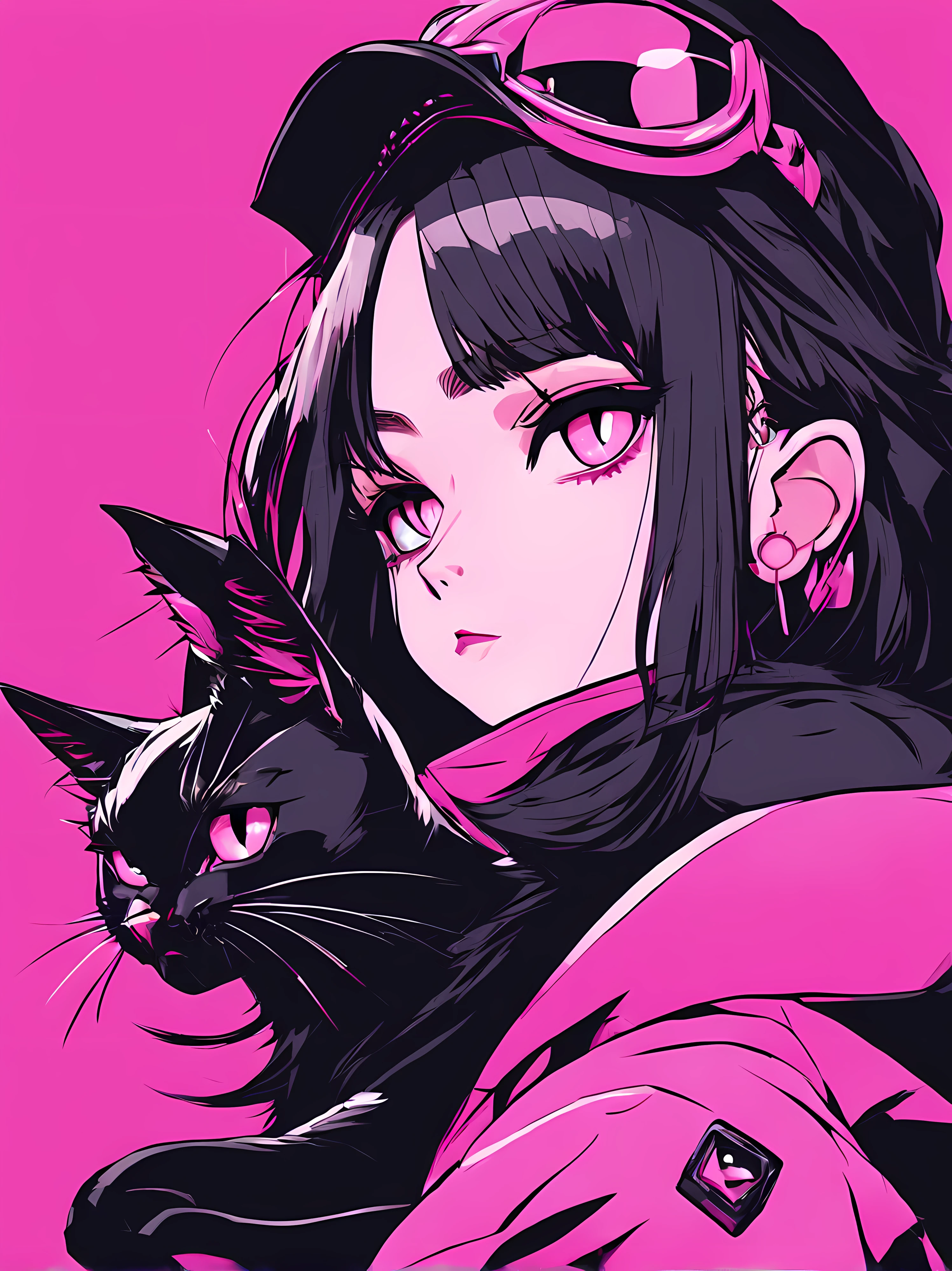 Anime girl with black cat on pink background, Portrait of goth cat girl, cat woman, Anime style illustration, Anime style 4k, anime style portrait, Ilya Kuvshinov Sti. 4K, cat woman, Artyom and Ilya Kuvshinov, Emo girl and her , beautiful anime catgirl, style of anime, style of anime. 8K