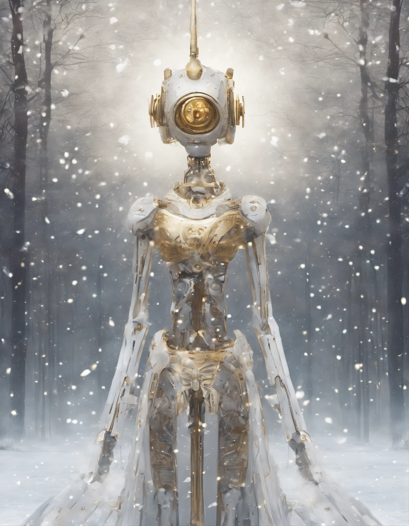 Art Brut Nouveau Photography, Robot Elf themed, Winter, Fairy lights, Snow flakes patterns, In the style of Surreal Robotics, gold, silver and white.