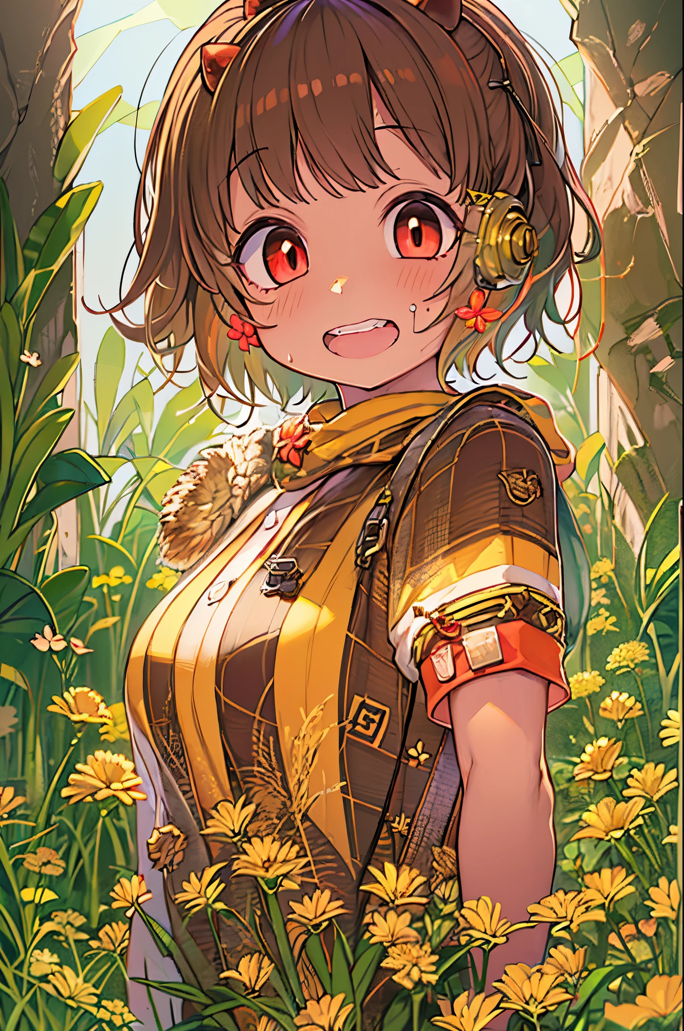 Red Eyes, girl, Yellow striped shirt with thick stripes, Red eyes glowing red, Head Tilted, mushroom head with short brown hair, with a bright smile on her face, chara, quadratic element, Stand among golden flowers with overhead rays