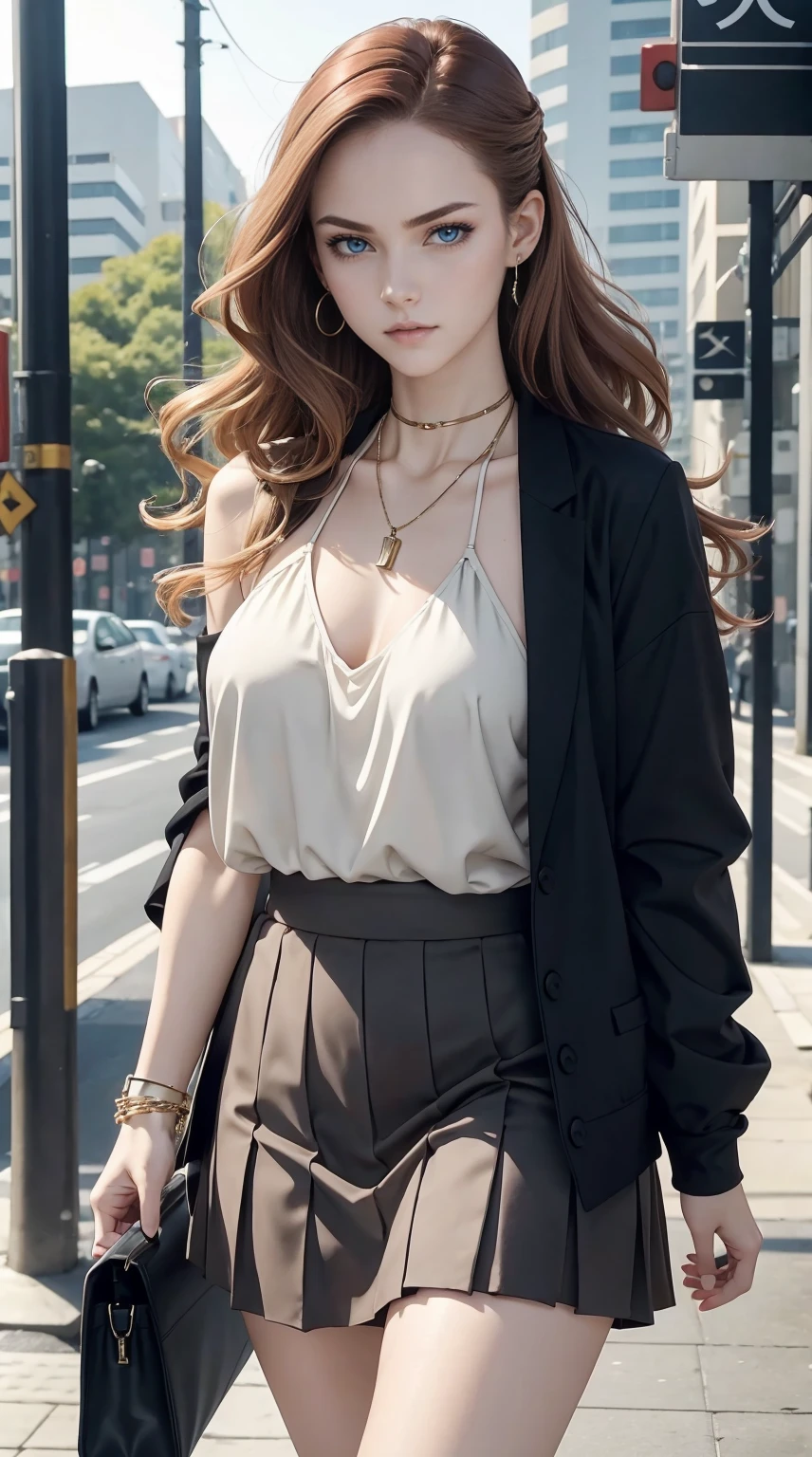 25-year-old Caucasian woman、Her hair color is reddish、blue eyess、Semi-long、setting hair、Hair is up、My hair is wavy、Slender but thin macho、accessories on the wrist、wearing a chain necklace、huge tit、Wearing high neck/halter neck tops、She is wearing a low-rise mini-length pleated skirt.、Holding a handbag in his hand、walking in the business district、I need space above my head、Gentle expression