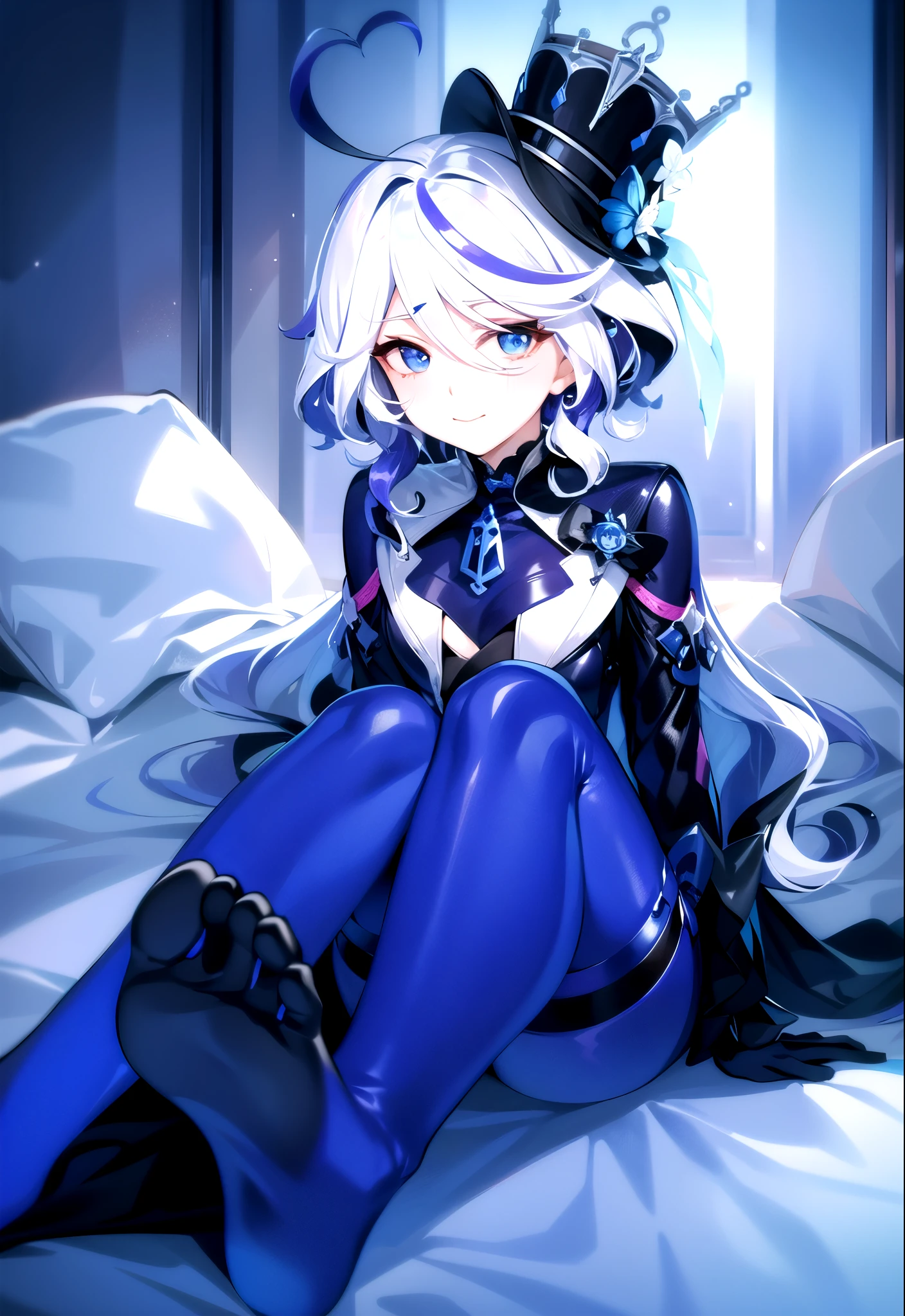 16k,The beautiful, On a table, Best quality, The facial details are particularly rich, perfect litthing,1 girl in、tightsuit, skin tight, latex,Black Jumpsuit,Black Jumpsuit, shinning clothes, Shiny, Cover the navel, Steaming,tmasterpiece, Best quality at best, 1 Sister, Forina, genshin impact, White hair, Blue hair, Black latex clothing, abandoned city lock,hair covering one eye,((Gradient hair)), A thin body,Wearing long white gloves:1.a purple eye:1 white hair, Blue hair:1.3, Ultra-detailed eyes,ssmile, drunk, drunk, Torre, Looking haggard and pale, Happy, twinkle, light blush
