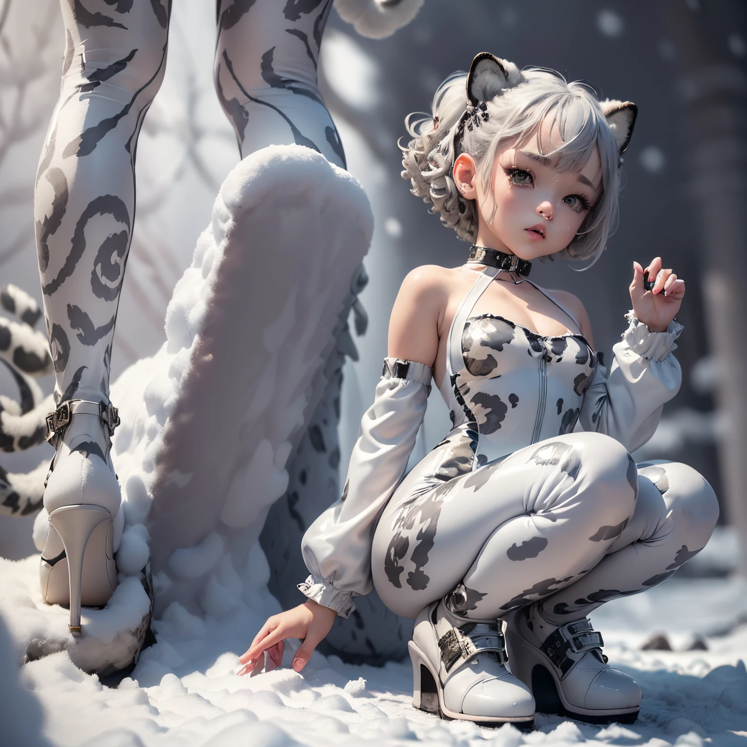 ​masterpiece、top-quality、ultra-detailliert、(Chibi Chara's Daughter:1.2)、(High resolution:2) ,(weeping print catsuit,white snow leopard:1.7,girl in latex suit:1.3)
(gray hair curly bob hair, Snow leopard ears:1.2),(Latex Choker:1.1),(White High Heel Shoes:1.15)
rubber fetishism,
She is in a leopard pose on all fours (In the snow forest: 1.2)