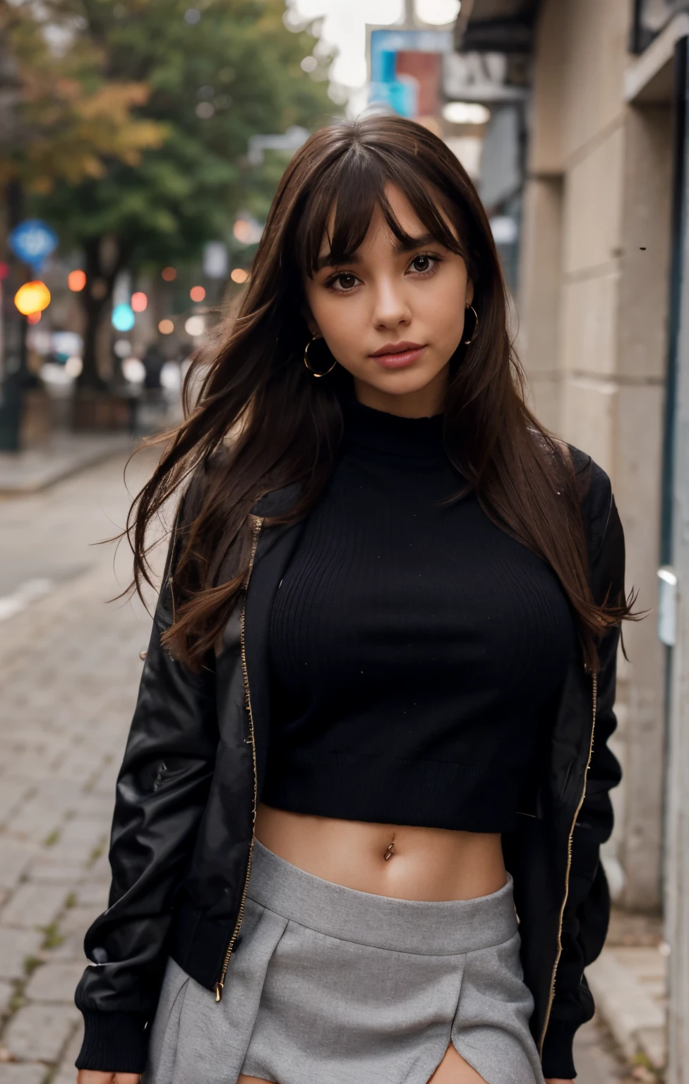 rolua,, , 1girl, ahoge, bangs, black skirt, black sweater, blue nails, blurry, blurry background, breasts, brown eyes, brown hair, brown jacket, closed mouth, dated, day, depth of field, earrings, eyelashes, hand up, head tilt, jacket, jewelry, long hair, long sleeves, looking at viewer, medium breasts, nail polish, open clothes, open jacket, outdoors, puckered lips, shirt tucked in, sidelocks, skirt, sleeves past wrists, solo, sweater, upper body, zipper, , , ((masterpiece)), ,