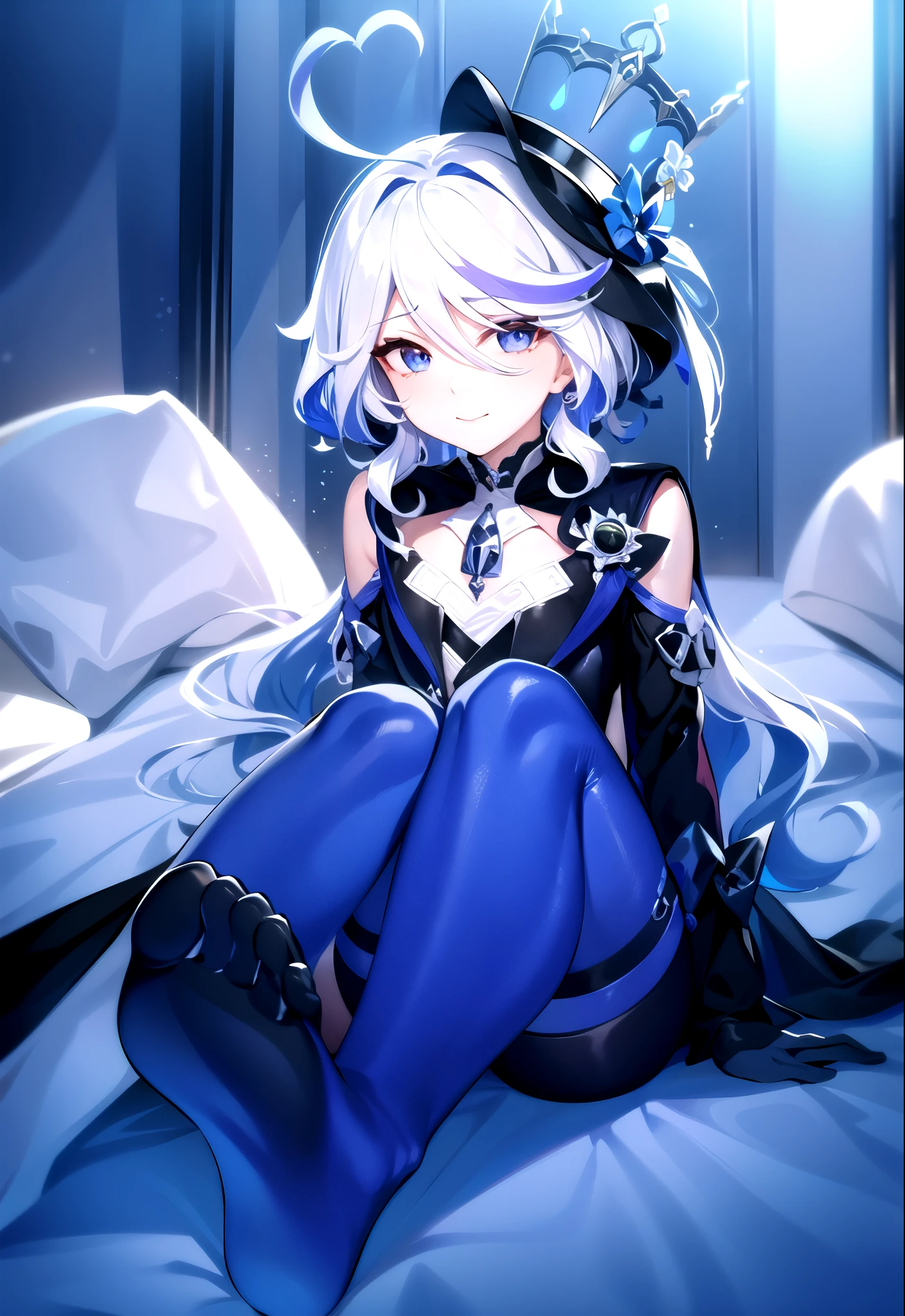 16k,The beautiful, On a table, Best quality, The facial details are particularly rich, perfect litthing,1 girl in、tightsuit, skin tight, latex,Black Jumpsuit,Black Jumpsuit, shinning clothes, Shiny, Cover the navel, Steaming,tmasterpiece, Best quality at best, 1 Sister, Forina, genshin impact, White hair, Blue hair, Black latex clothing, abandoned city lock,hair covering one eye,((Gradient hair)), A thin body,Wearing long white gloves:1.a purple eye:1 white hair, Blue hair:1.3, Ultra-detailed eyes,ssmile, drunk, drunk, Torre, Looking haggard and pale, Happy, twinkle, light blush
