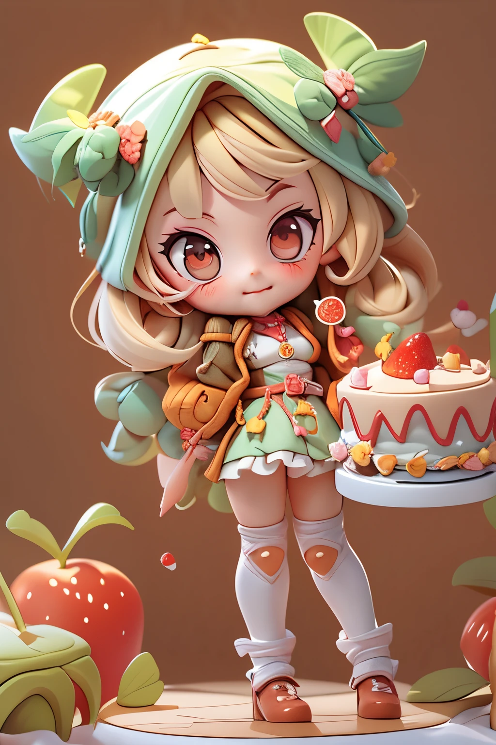 (Blind box toy style, Western cartoon Q version), 1 beautiful female succubus head, strawberry, strawberry cake, smiling), cute full body portrait, slender figure standing, cartoon character, medieval, 3D rendering, symatic lighting, ray tracing