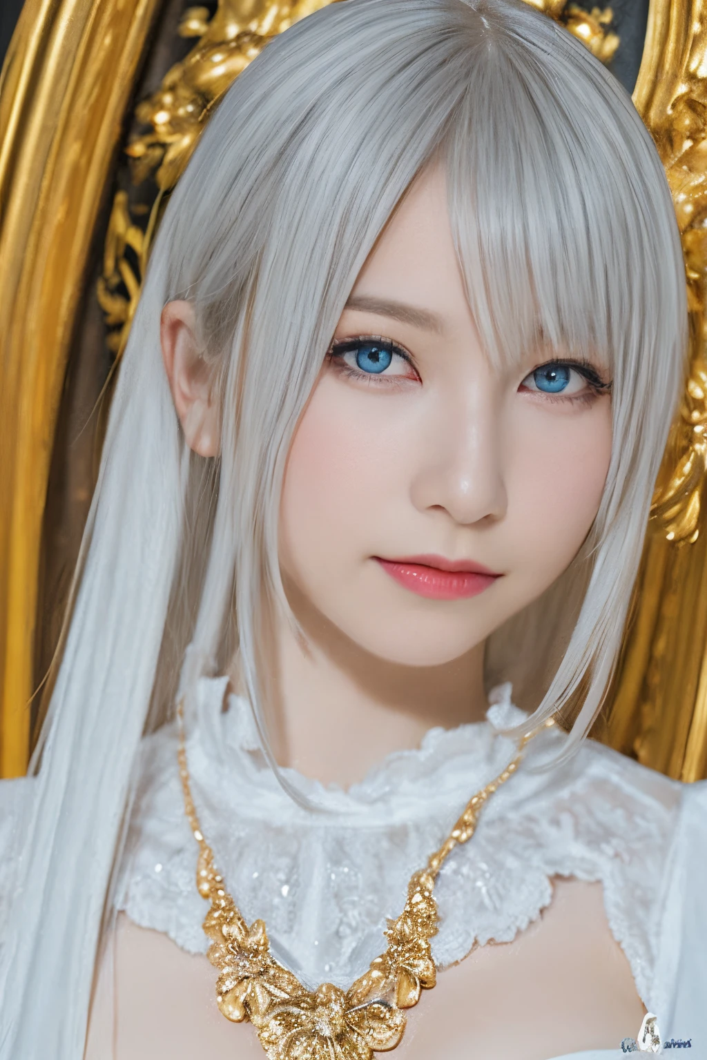 ((High quality)),masutepiece,(Detailed depiction of local details:1.2),1girl in,Blue eyes,large full breasts,Closed mouth,Eyelashes,Looking at Viewer,Portrait,Solo,Upper body,White hair,White theme,Yovoya, Golden Rose