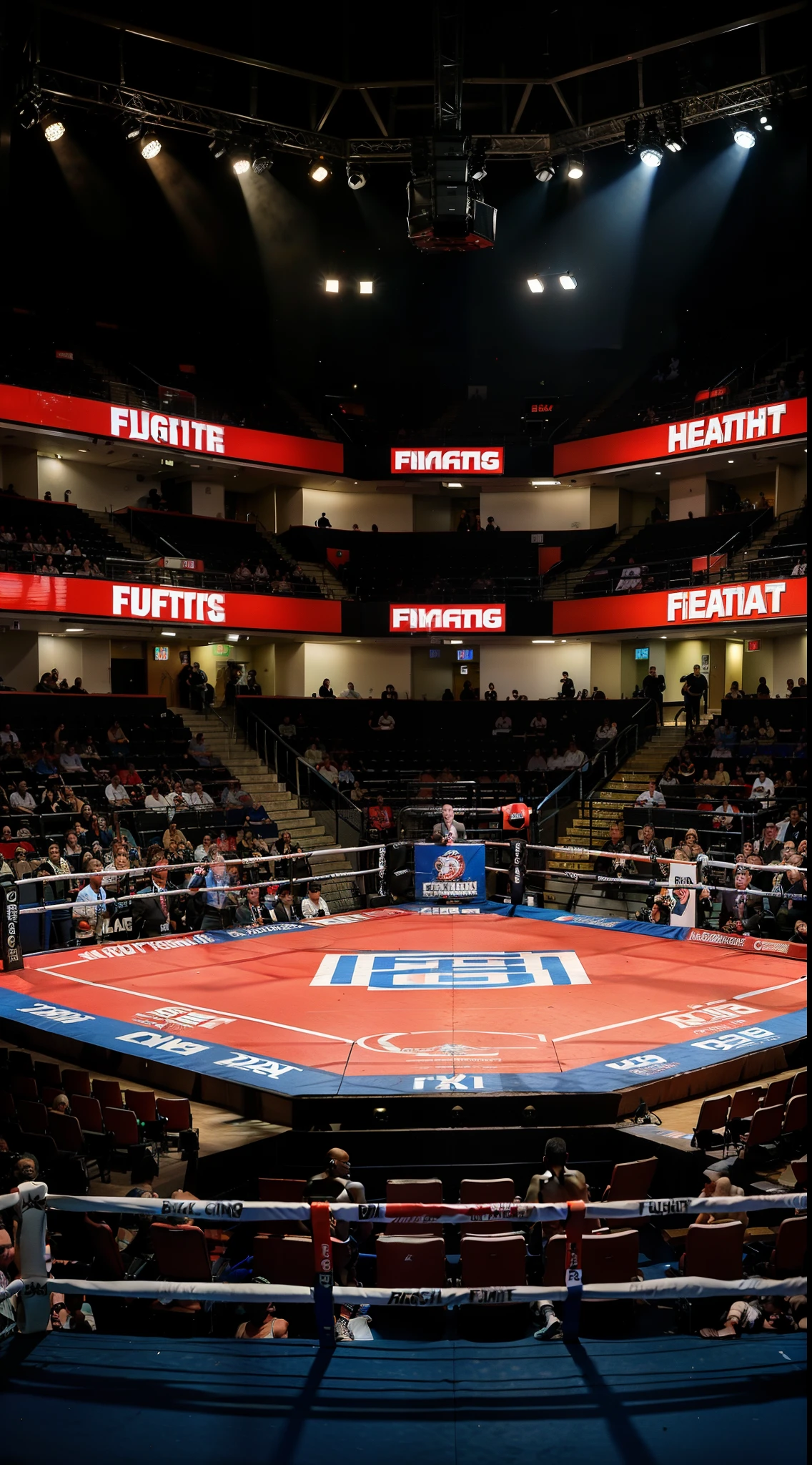 Masterpiece, top quality,beat quality,ultra hd,The scene of a boxing match, just the boxing ring, no fighters, no people in the ring, an octagon-type boxing ring with the audience around, without the fighters, an empty octagon, a fighting arena with an octagon, the octagon-shaped fighting ring.8k