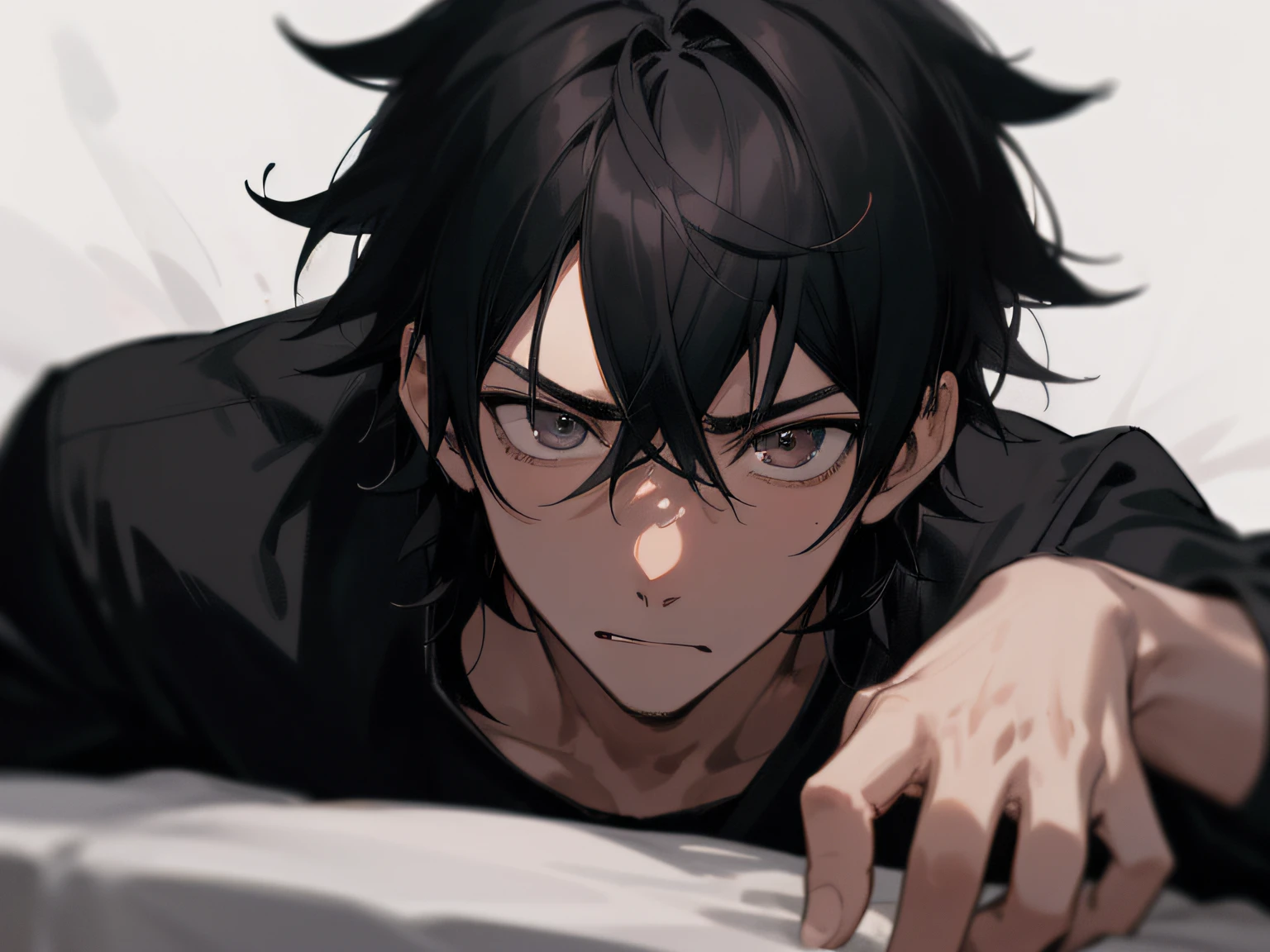 20代のmale people、,male people, 26 year old,yandere,Cool,1 male、Depressive Atmosphere,Black hair,action of taking off glasses,ムラムラ,Black shirt,eyes are brown,extreme close - up,Dynamic Angle,Impatient expression,Background Hotel,a bed,natta