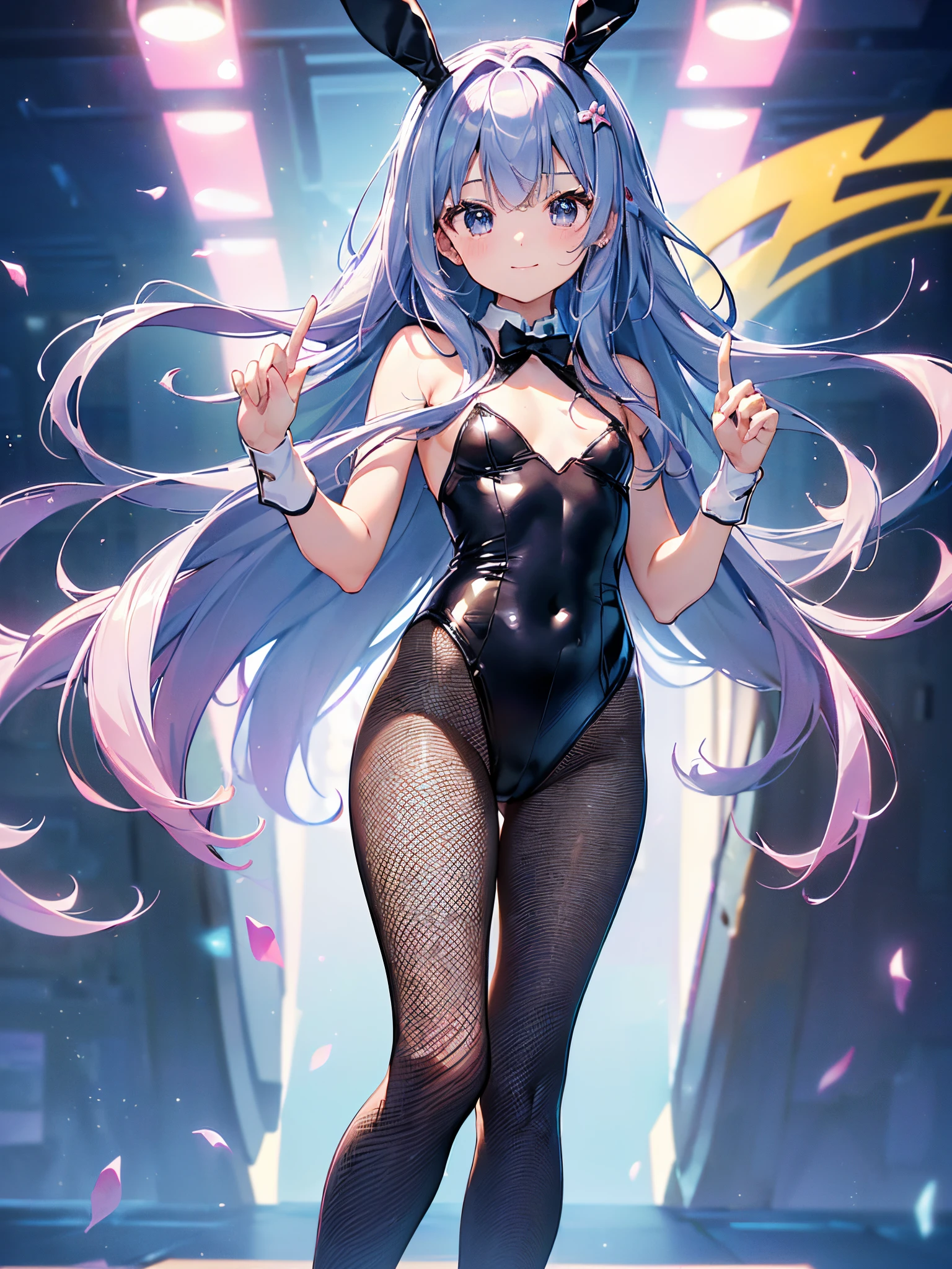 ((4ｋ、8ｋ、top-quality、Perfect Finger：1.3、Perfect Anatomy：1.3、Blur the background))、((、10yaers old、Small i))、（stright long hair）、a smile、（Bunny Girl Leotard、fishnet tights）、Full body depiction、zoomout、casino、