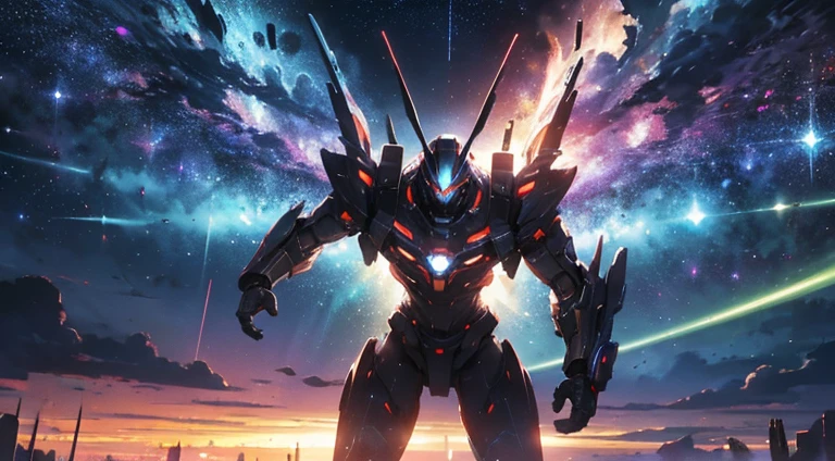 In the vivid depiction of "Standalone," envision an awe-inspiring image capturing the essence of the mothership and mecha in harmonious synergy. The mothership, a colossal vessel with sleek, futuristic curves, emanates a soft, ethereal glow, signifying advanced technology. Adjacent to it, the mecha, a towering humanoid figure with intricately designed armor, boasts colossal energy cannons and sharp, angular features. Their seamless integration symbolizes a formidable superweapon unit ready to combat the looming threat of "Space Monsters." The backdrop reveals a cosmic battlefield, with distant galaxies and swirling nebulas, highlighting the trans-galactic scale of the impending conflict. The overall aesthetic balances sleek innovation with an undertone of impending danger, encapsulating the urgency and technological prowess humanity wields in the face of the cosmic menace.