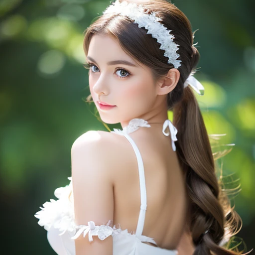 young woman with her hair tied back、White fantasy costume、ligh brown hair、Green eyes