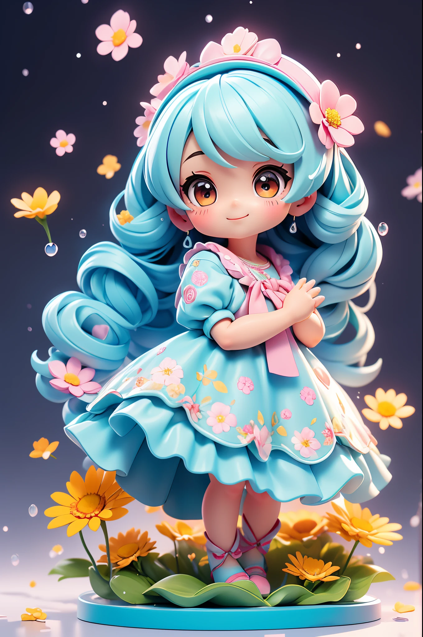 photoRealstic、Doll standing in front of the painting（nendroid）、Light blue long hair、Twin-tailed、adorable smiling、Water droplets on the cheeks、In a cute pose、watercolor Nendoroid、(High Definition Figure)、Flowing iridescent silk、up of face、Eye Up、Colorcon with heart pattern、Floral patterns dress up your heart with both hands、There is also a flower in front of the petal below the Nendoroid......、season!!: Winters☀ 🍂