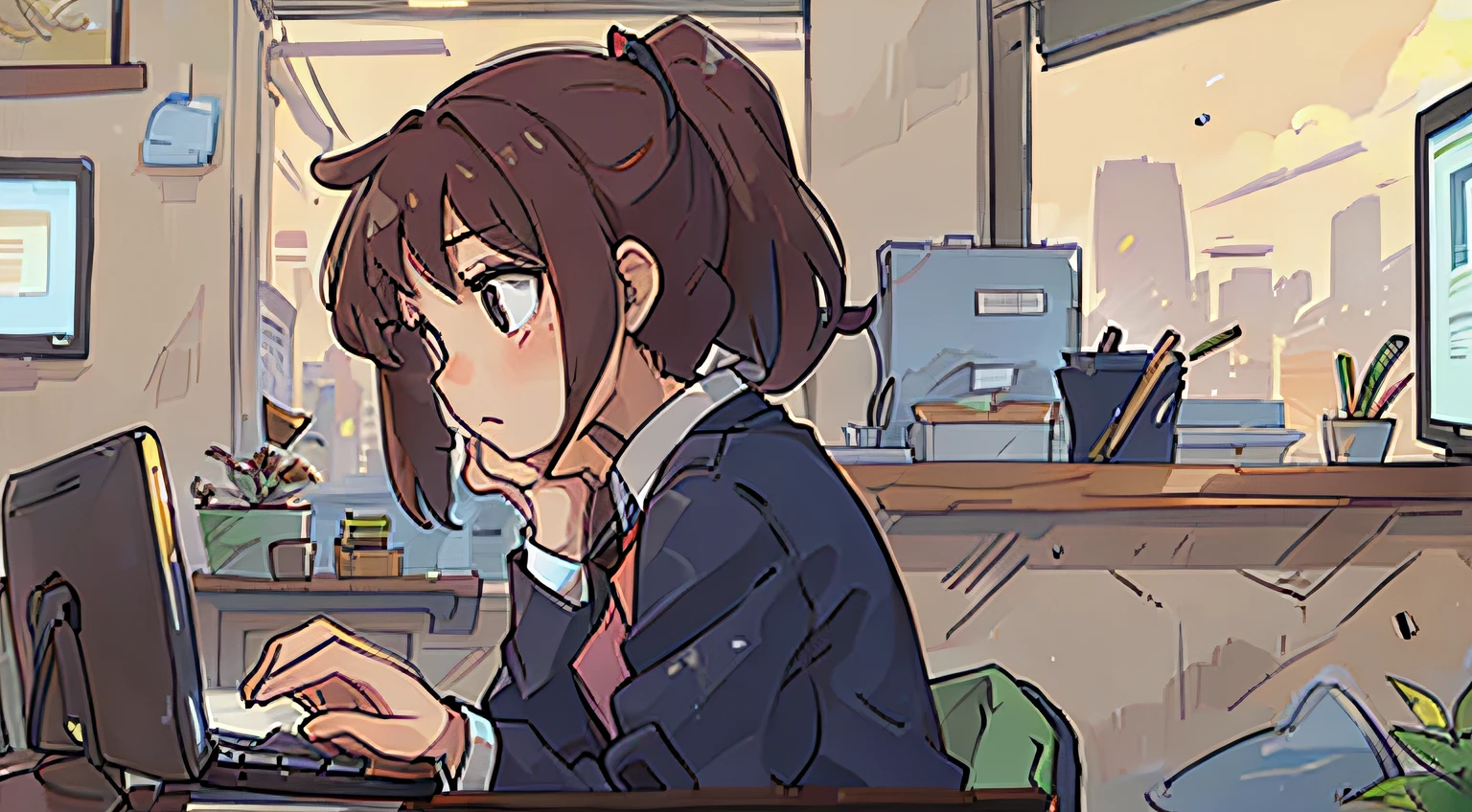 Office worker operating a computer at a cafe、From Side