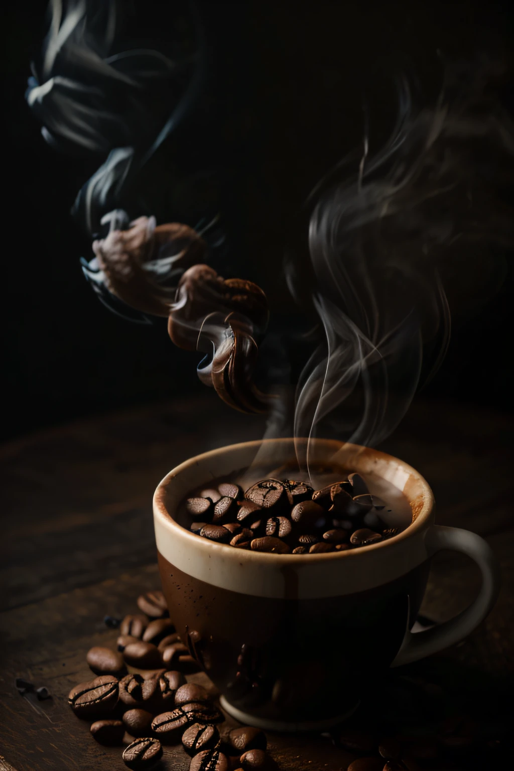 Coffee cup full of coffee beans with smoke coming from above on a dark themed table, side view