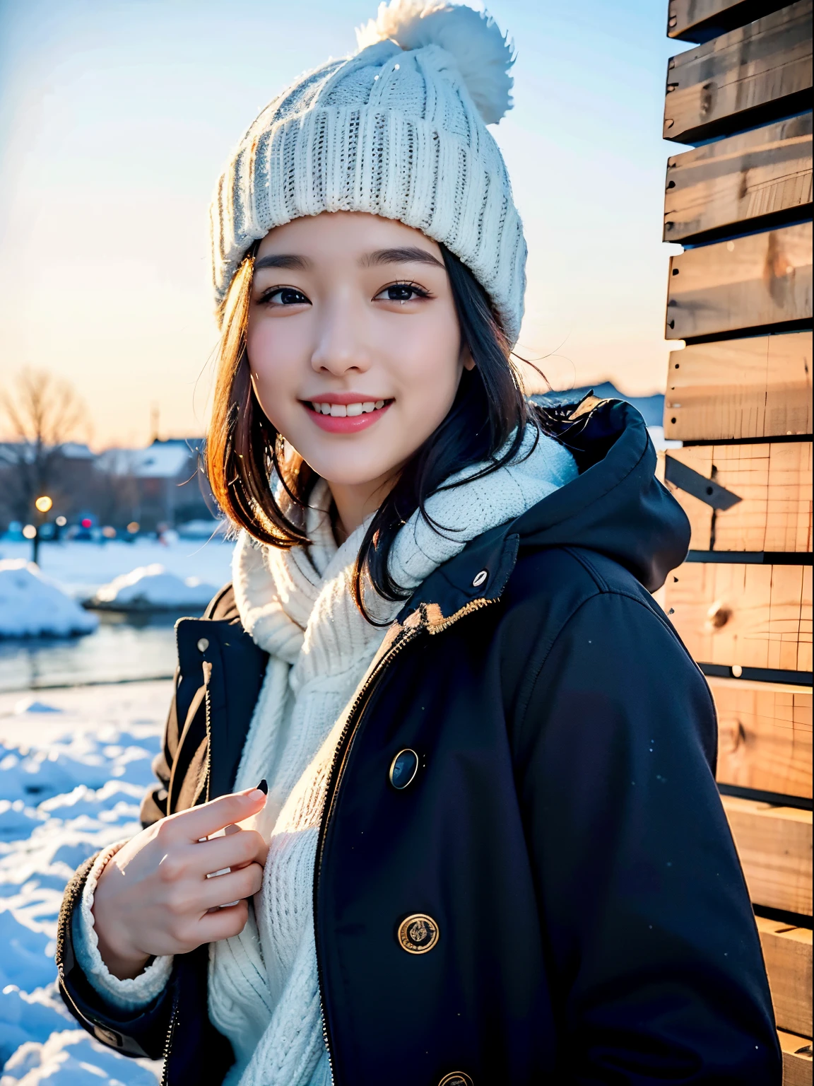 (realisitic、Photorealsitic:1.37)、(8K、Raw photography、top-quality、masterpiece:1.2)、Very cute woman、ultra-detailliert、Heart-shaped pupil、physically-based renderingt、超A high resolution、Kodak Vision Color、Captured with an Arricam LT camera、bokeh dof、foco nítido、(((Correct anatomy:1.2)))、photo realistic, (Best quality, 8k, 32k, Masterpiece, UHD:1.2),Photo of Pretty Japanese woman, natural lighting,(high resolution),
BREAK
1 woman,
24-year-old,
cute, smile,
detailed beautiful face,
detailed clothes,
Duffel Coat, knit cap,
winter sky, snowing,
(look up at the sky:1.2),
short hair,bob cut,