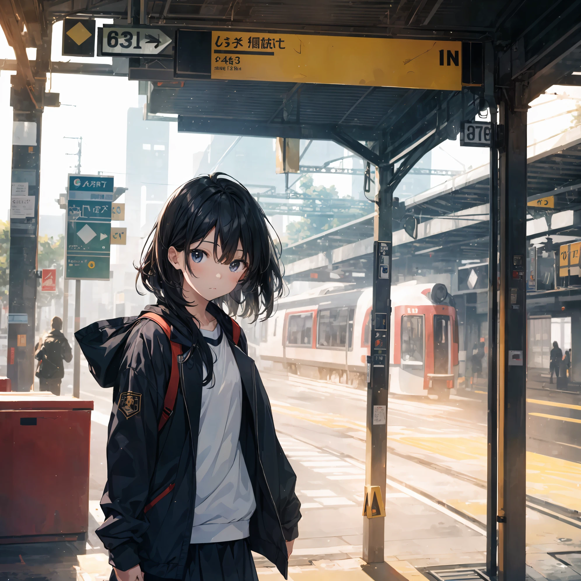 (Best Quality, 4K, 8K, hight resolution, masutepiece:1.2), Ultra-detailed, (Realistic, Photorealistic, Photorealsitic:1.37), High resolution, anime moe art style, Best Anime 8K Konachan Wallpapers, Pixiv Contest Winner, Perfect Anatomy, BREAK,(Draw a girl sleepily walking to school. ),BREAK, 1girl in, (Solo,Lori,,13yea:1.3),a junior gynous attraction, (Very short hair), hair messy, Ahoge, Full limbs, complete fingers, flat chest, Small butt, groin, Small eyes,Beautiful detailed black eyes, Well-proportioned iris and pupils, disgusted eye, School uniform, Skirt, On the way to school. BREAK,Medium: Anime Art, Vibrant colors, Sharp Focus, Professional, Bokeh.
Lighting: Natural light shining a soft light on the girl, Create a warm and cozy atmosphere at the station.