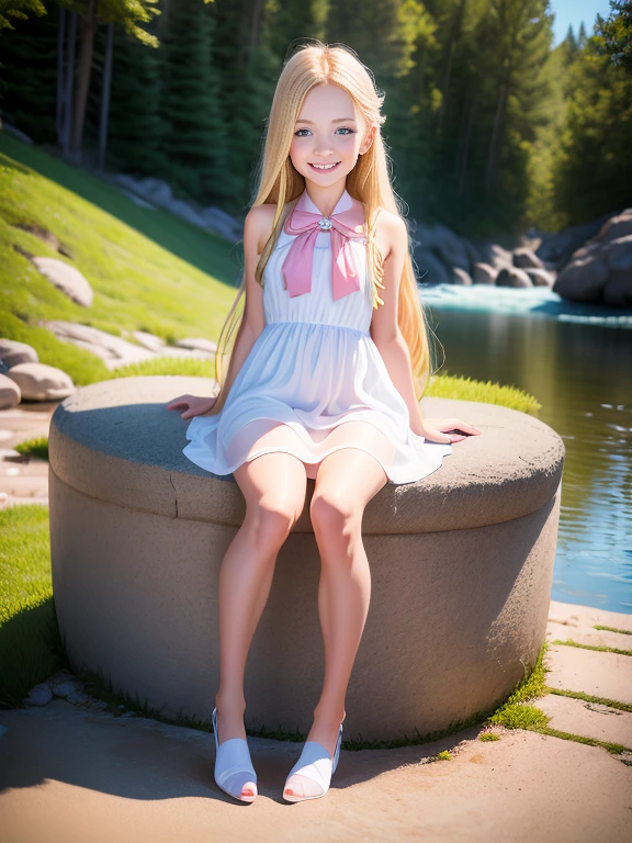 (absurdres, highres, ultra detailed), 1 girl, beautiful, blonde, long hair, blue eyes, innocent face smiling, pink lipstick, full body, looking the stars, short white summer dress, spread legs, childish panties , panties visible, sitting in some rocks in the wild, nighttime, starry sky, moonlight