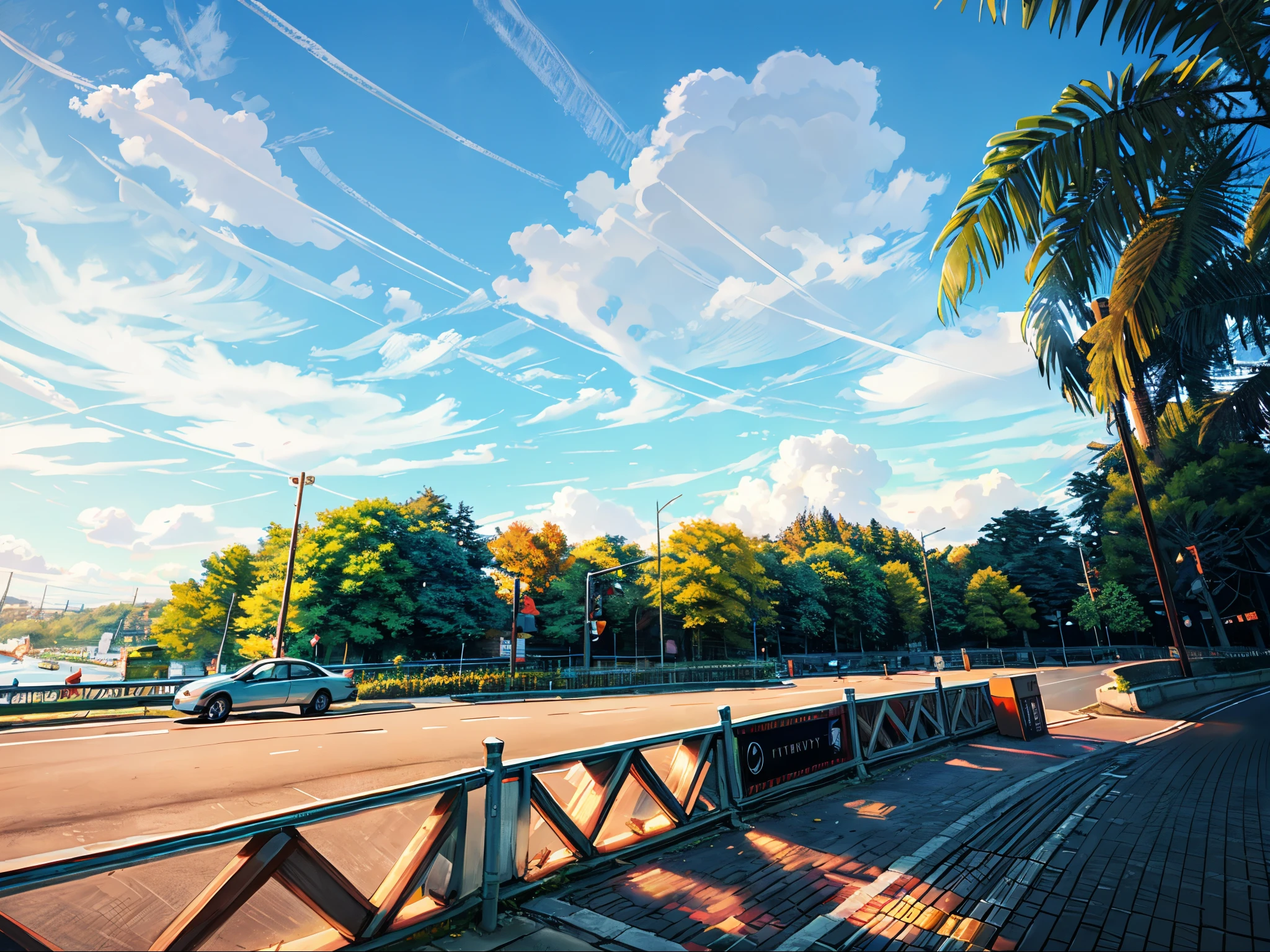 Beautiful blue sky,clouds,Dense trees,,White guardrail,gray road,(There is a black car on the flat road),Black car