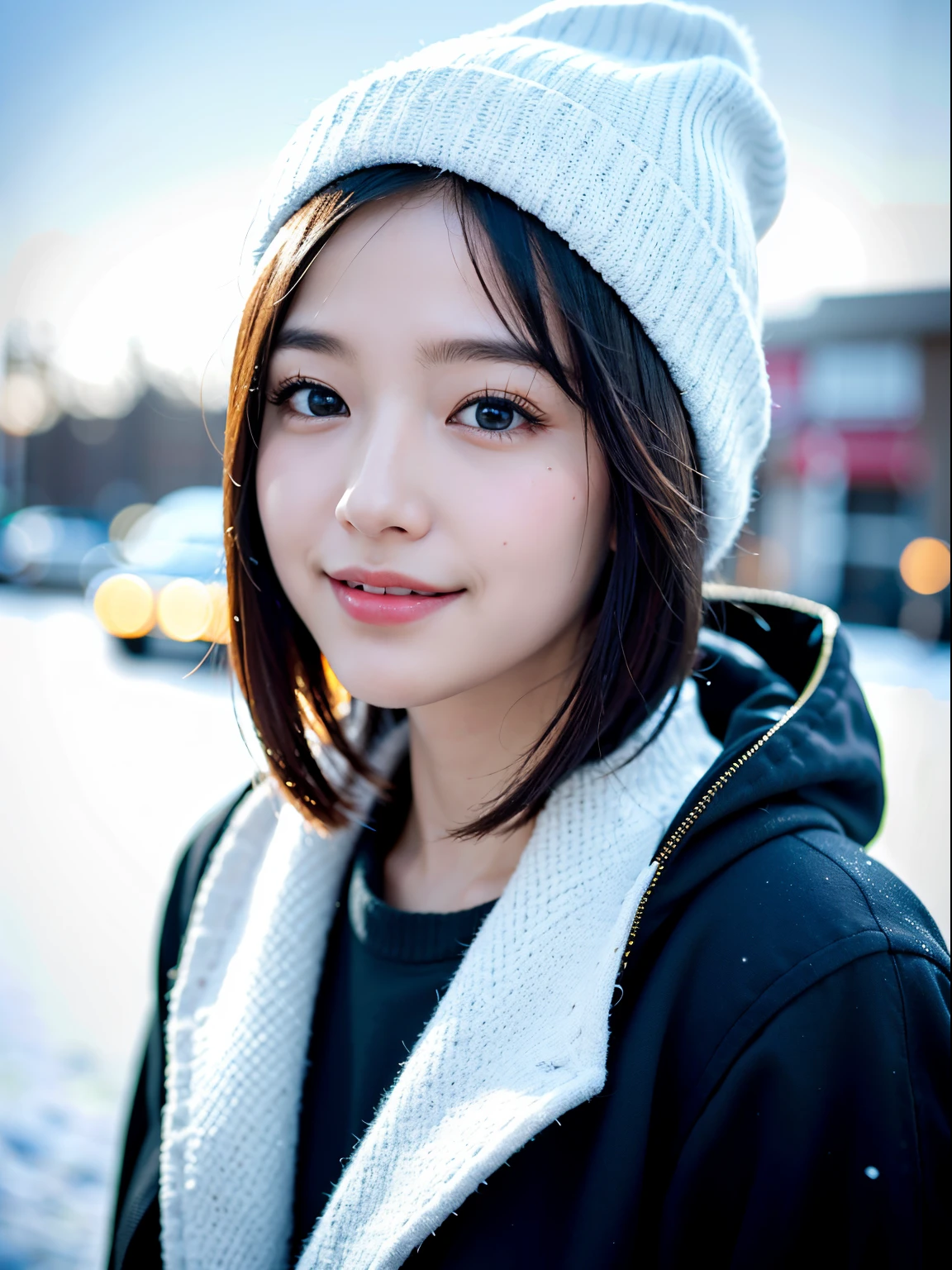 (realisitic、Photorealsitic:1.37)、(8K、Raw photography、top-quality、masterpiece:1.2)、Very cute woman、ultra-detailliert、Heart-shaped pupil、physically-based renderingt、超A high resolution、Kodak Vision Color、Captured with an Arricam LT camera、bokeh dof、foco nítido、(((Correct anatomy:1.2)))、photo realistic, (Best quality, 8k, 32k, Masterpiece, UHD:1.2),Photo of Pretty Japanese woman, natural lighting,(high resolution),
BREAK
1 woman,
24-year-old,
cute, smile,
detailed beautiful face,
detailed clothes,
Duffel Coat, knit cap,
winter sky, snowing,
(look up at the sky:1.2),
short hair,bob cut,