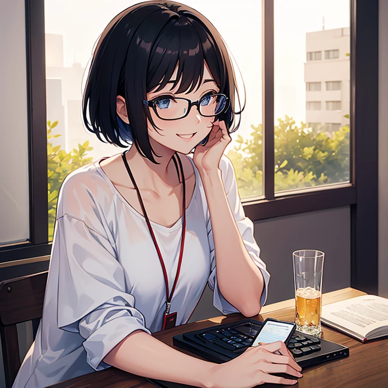 Short black hair, bob hair, soft wavy hair, glasses, smiling, face facing forward, female, playing a game, in the room, alone, upper body