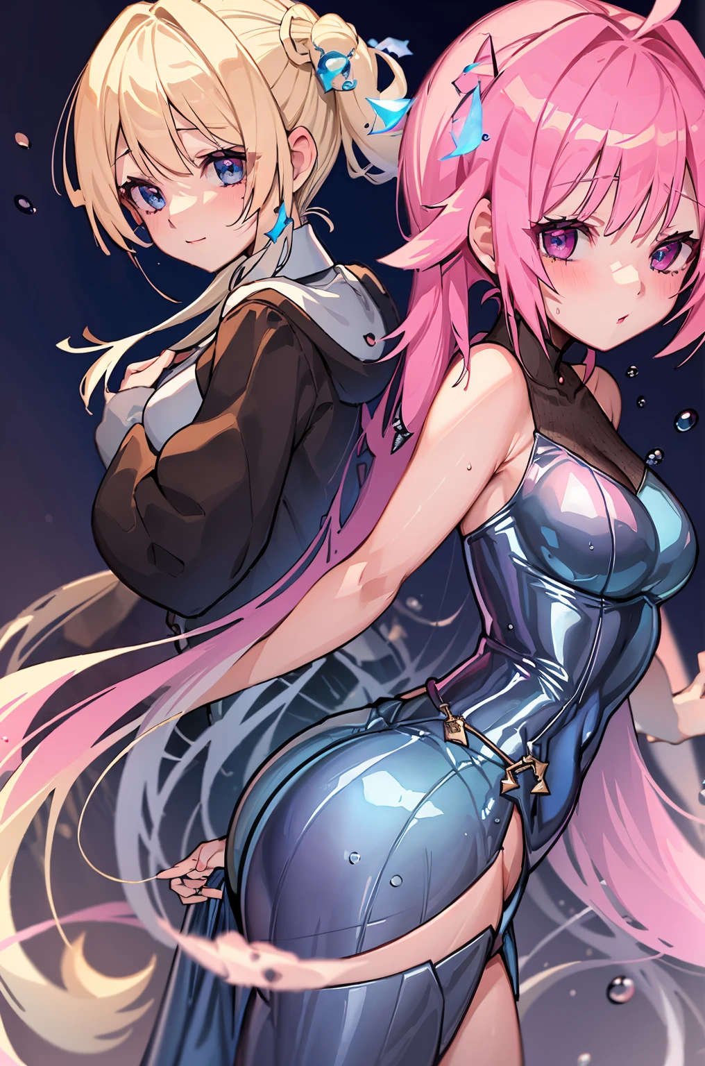 Best quality, tmasterpiece, Incredibly beautiful, very elaborate 8K wallpaper, otherworldly beautiful girl, , (White skin of the), (blonde hair pink gradient hair), Side pony, intermittently, Open your mouth and laugh, Long eyelashes, cosmetics, opening eyes, (zoomout, bigger, BigREAK, 夏天, Beachy, (比基尼), Reflection in the water, (Floating water drops blur foreground), (blue-sky), lens flare glow, (water splash), rays of sunshine,