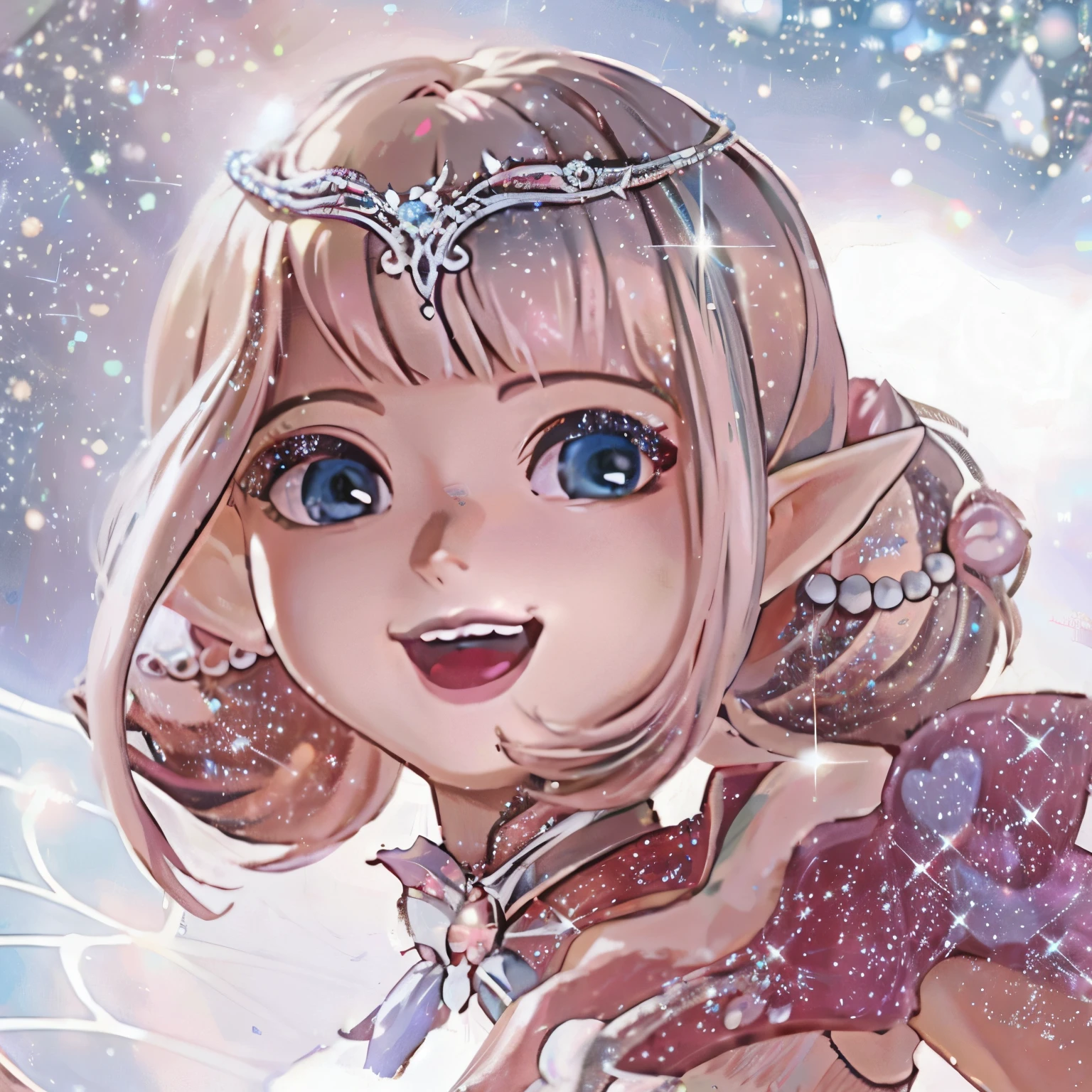 anime girl with a pink dress and a tiable holding a doughnut, smiling as a queen of fairies, anime fantasy illustration, portrait of magical girl, elf princess, sparkling magical girl, lalafell, loli, orianna, detailed digital anime art, official artwork, detailed key anime art, anime fantasy artwork, hajime sorayama designed girl
