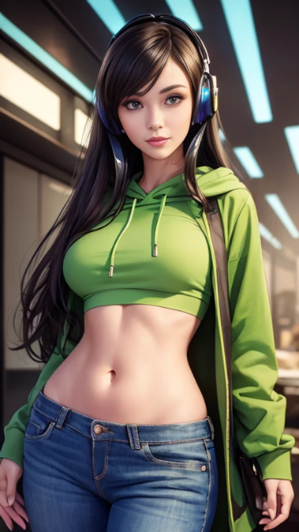 (masterpiece), best quality, ultra realistic detailed brown eyes, perfect face, cyberpunk background, green glowing hoodie and blue jeans pant, headphone on her head,looking at viewers, looking at viewers, front facing, front view, happy face,large smile, realistic body , black long hair