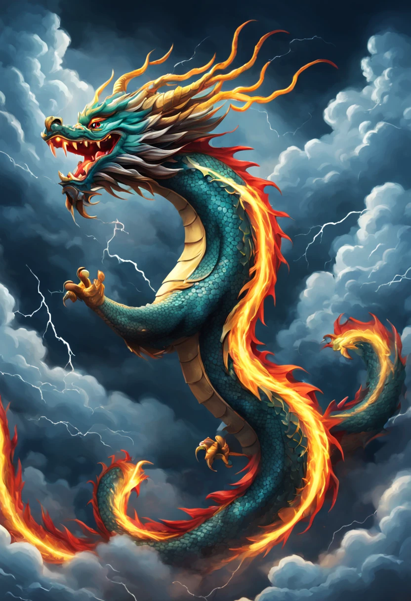 a cute traditional Chinese dragon gliding through a thunderstorm, depicted through captivating digital illustration. The artwork showcases the dragon's powerful and graceful movement against a backdrop of clouds and flashes, its long tail creating intricate patterns within the clouds. Intense and vivid hues amplify the majestic ambiance, highlighting the dragon's celestial journey. The dragon's expression reflects a blend of power and tranquility while he is looking to the viewer. Dynamic lighting adds depth and dimension to the dragon's presence amidst the clouds. Pro vector, perfect MINIMALISTIC art HIGH QUALITY details, Ultra high details, full design, victoria, vibrant vector, deep lines, heavy strokes.