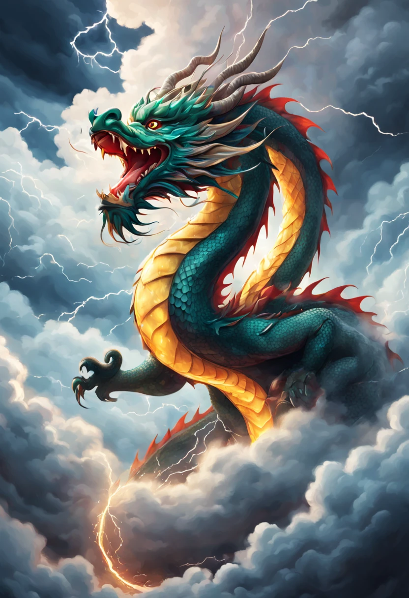 a cute traditional Chinese dragon gliding through a thunderstorm, depicted through captivating digital illustration. The artwork showcases the dragon's powerful and graceful movement against a backdrop of clouds and flashes, its long tail creating intricate patterns within the clouds. Intense and vivid hues amplify the majestic ambiance, highlighting the dragon's celestial journey. The dragon's expression reflects a blend of power and tranquility while he is looking to the viewer. Dynamic lighting adds depth and dimension to the dragon's presence amidst the clouds. Pro vector, perfect MINIMALISTIC art HIGH QUALITY details, Ultra high details, full design, victoria, vibrant vector, deep lines, heavy strokes.