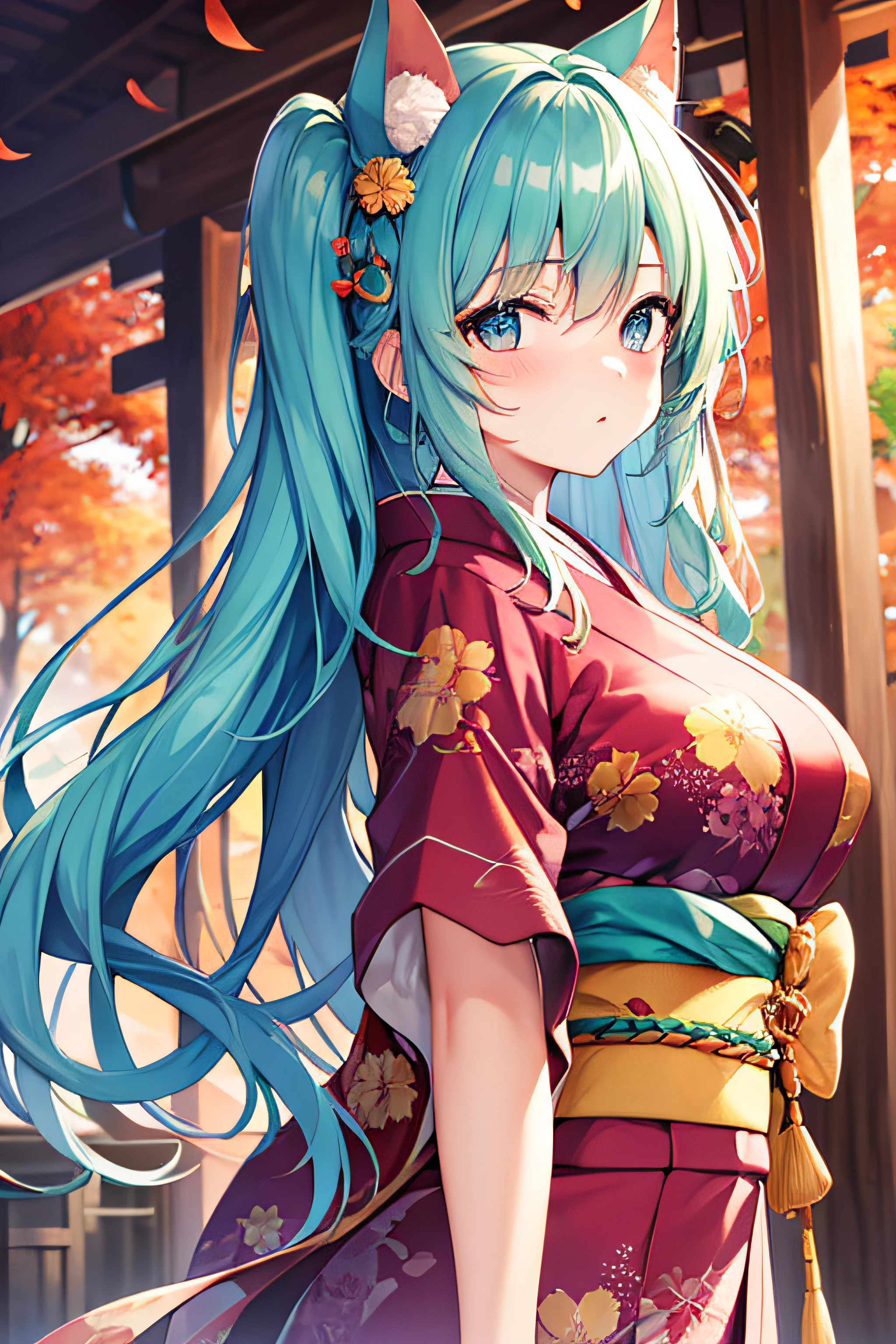 masterpiece、Top image quality、超A high resolution、miku hatsune、blue hairs、Blushing、Cute and shy、japanese kimono、firm breasts、well-shaped breasts、kyoto、Japan、during daytime、Autumn leaves、Autumn