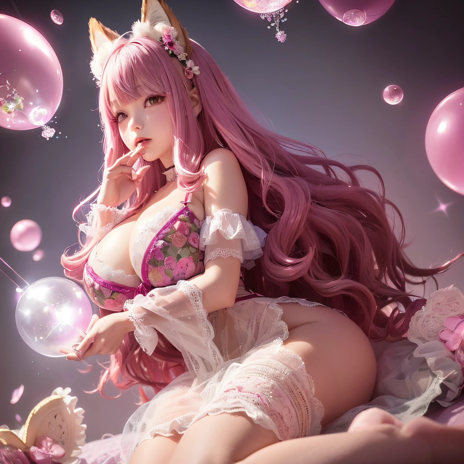 The upper part of the body、one girls、i have purple hair color、Two-tone、(Pink Highlight Hair、Curly hair，Fluffy fox ears、very Bigger breasts、negligee、、Black bra(Emphasize pink floral lace)Holding a shining wand..、Shining magic circle、Countless glowing spheres float、Glowing soap bubbles、shining chandelier