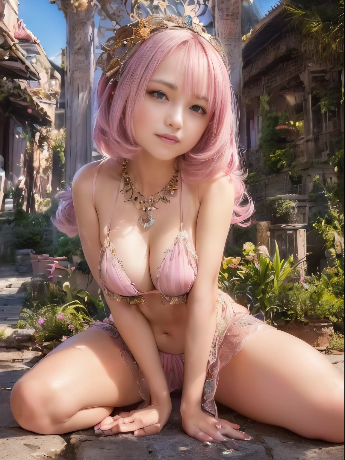 Sexy , Full face， (Slim shoulder straps, Ultra Low Cut Top)( Very close view )Peace view for ladies watches] , ((High slit panties))，Clothes see-through (((Outdoor Paradise))), ((Petals fly in the sky ))，lightsmile，，camel's toe,(Crystal Colorful Lights),，Soft Cloud，(Cover with a scarf), ((Super Short Cute Pattern Cotton Coat|wasn&#39;t wearing it|Somewhat perspective ) ((greek architecture，Bohemian architecture，Hindu temples，Thai snacks，thai style)) starrysky，Beautiful，Hip naked，Earring，Pink sexy yarn,（(Striped underwear、Black openwork underwear、Transparent embroidered tulle underwear set,gold bracelets，Pink Lace Gloves)）Lace pantyhose、Lace gloves、Wedding Headscarves、pearls necklace,（ Dress）(very small pantiole under the eyes, ((gray-pink hair))，Crystal Shining Necklace
（（masutepiece））,（realisticlying：1.2）,best qualtiy,hightquality,absurderes,rich colourful,stunning art,best qualtiy, ultra - detailed,beautifuldetails， Reflective hair,good lighting, Ray traching， depth of fields,ultra - detailed,illustratio,astounding,finedetail,Very detailed， （（ultra - detailed））， （Beautiful meticulous girl）， Beautiful detail glow， intricate-detail， hight resolution， Very sophisticated、Beautiful fece,beatiful detailed eyes， nffsw， Round eyes, detailedfacialfeatures,（Round pupils：1.4） （illustratio）,（Detailed face with beautiful and delicate eyes））， ((depth of fields))((solid)),（alluring face）(（ssmile：1.3）)， Smiling lips， （looking at viewert：1.1） closeup cleavage， wide wide shot， Side Body， Photore， Obscene pose D-light， Sistine Phil Verdev, Smile，（（（masutepiece，Best Quality，hight resolution）））），extremely detailed 8K，Beautiful girl with busty body，（hyper HD，ultra - detailed，high detailing，high realistic，Ultra-realistic，photorealisim）,（1girll：1.5）,（realistic black hair），Short curly hair，bob cuts hair，（Dynamic Posture）,shallow smile,Open lips，Details of oculothorax，(breasts expansion)
（beautiful and detailed face，beautiful and delicate eyes），Sunlight）,（Beautiful butt 0.5），Color backlight
