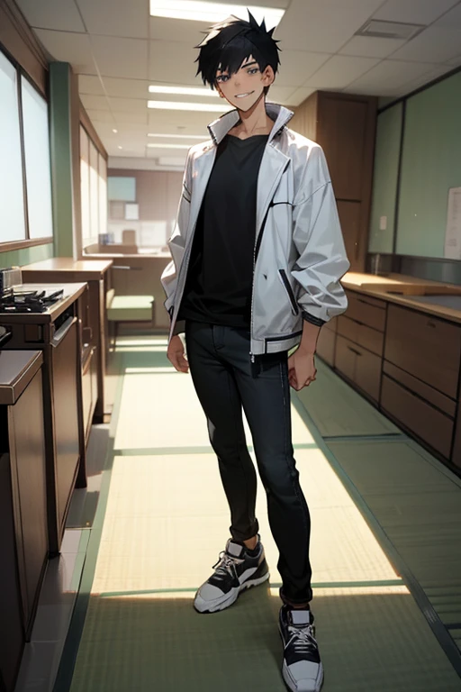 Tall, 19 year old Japanese man with kind, handsome features and short, spiky black hair. He's wearing a plain grey t-shirt with a white jacket on top and black jeans and black sport shoes. He's clearly got a big, happy open smile on his face as if he's laughing as something incredibly funny. He's standing and looking at the camera in a modern, indoors setting.