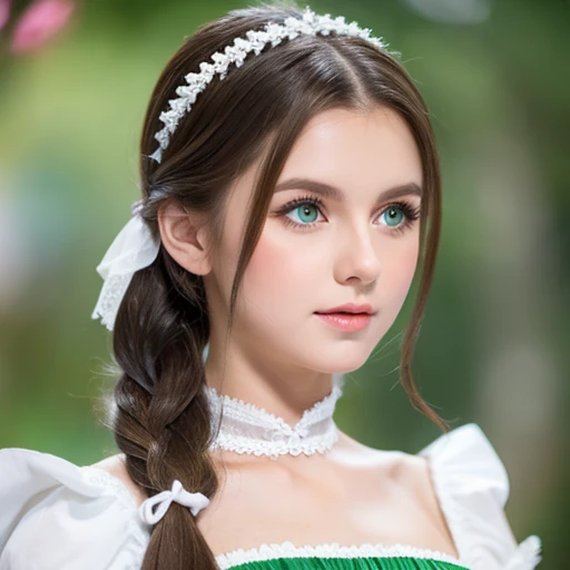 young woman with her hair tied back、White Fantasy Costume、ligh brown hair、Green eyes