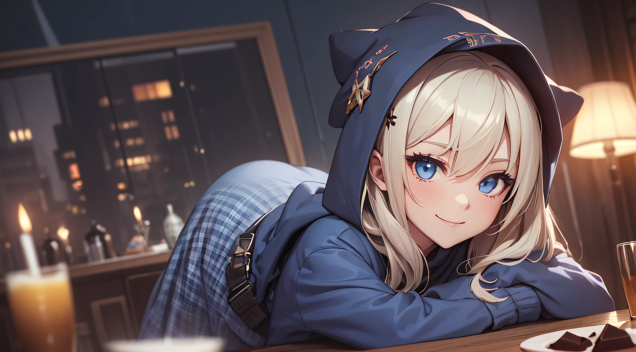 top-quality、Top image quality、masterpiece、teens girl((Black hoodie with open chest、Black skirt、18year old、 Ager、Best Bust、big bast,Beautiful light blue eyes, Long Blonde Hair、A slender,Large valleys、Reflecting the whole body、Heart symbol with both hands、Joy Pose、Laugh、The best smile)),hiquality、Beautiful Art、Background with((party decoration night,a room、Parti、The table、wining、chocolate cake))masterpiece、depth of fields,