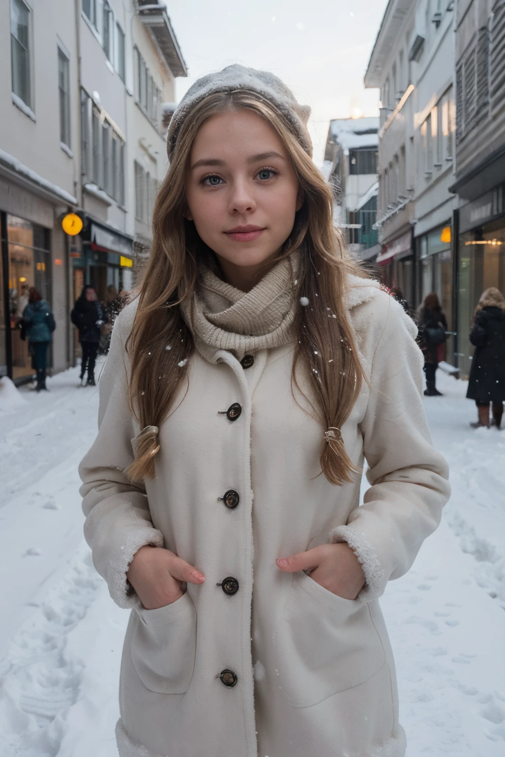 professional portrait photograph of a gorgeous Norwegian girl in winter clothing with long wavy blonde hair, aspecto coqueto sensual, gorgeous symmetrical face, Lindo maquillaje natural, Wear stylish and warm winter fashion clothes, ((De pie afuera en Snowy City Street)), Impresionante entorno urbano moderno, ultra realista, Arte conceptual, elegante, Altamente detallado, intrincado, foco nítido, Profundidad de campo, f/1. 8, 85mm, Plano medio, Plano medio, (((Grado de color profesional))), Luz difusa suave y brillante, (volumetric mist), Tendencias en Instagram, HDR 4K, 8k