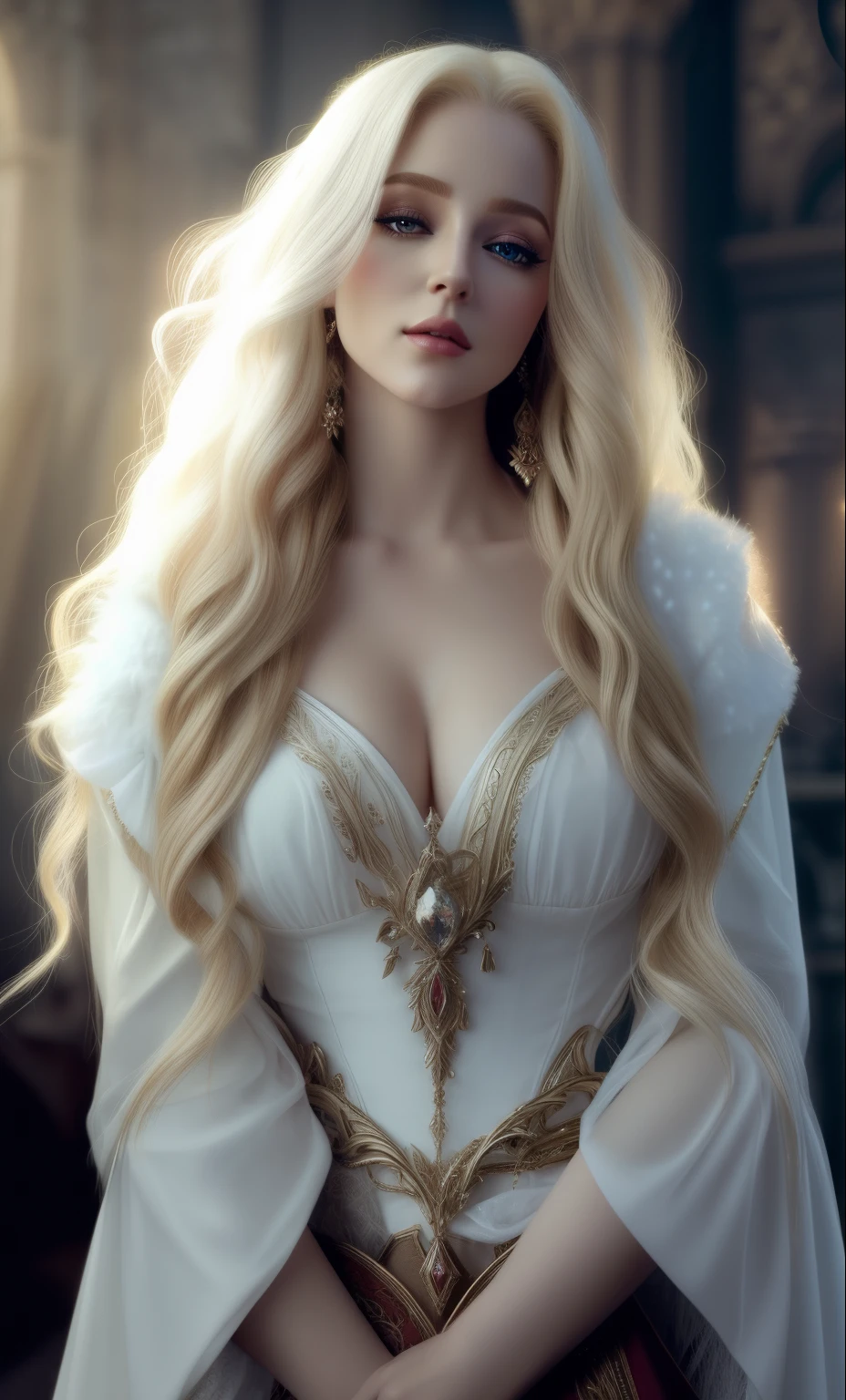 um close up de uma mulher com longos cabelos loiros usando um vestido, muito bonito elven top model, ornate long flowing blonde hair, blonde elvish empress, cabelos loiros longos ornamentados, karol bak uhd, beautiful elven princess, mulher da fantasia, estilo de karol bak, pale skin curly blond hair, com longos cabelos loiros, linda donzela fantasia, donzela bonita