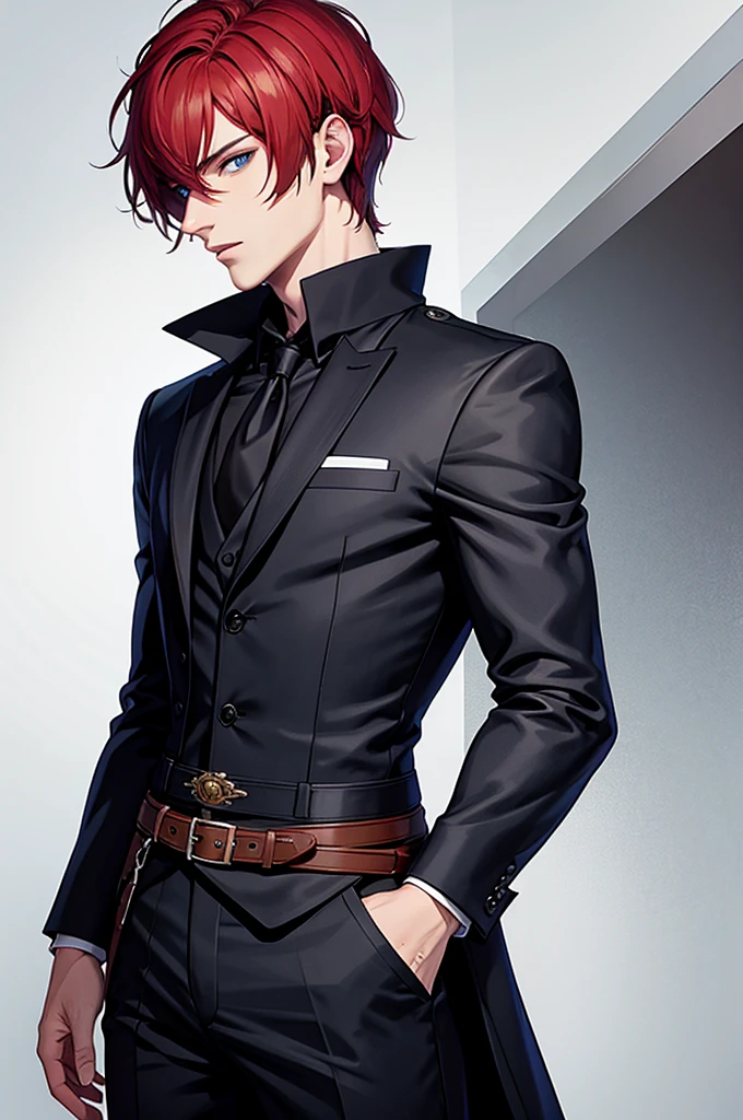 A man with short, fine red hair, blue eyes, handsome and evil, wearing a black suit.