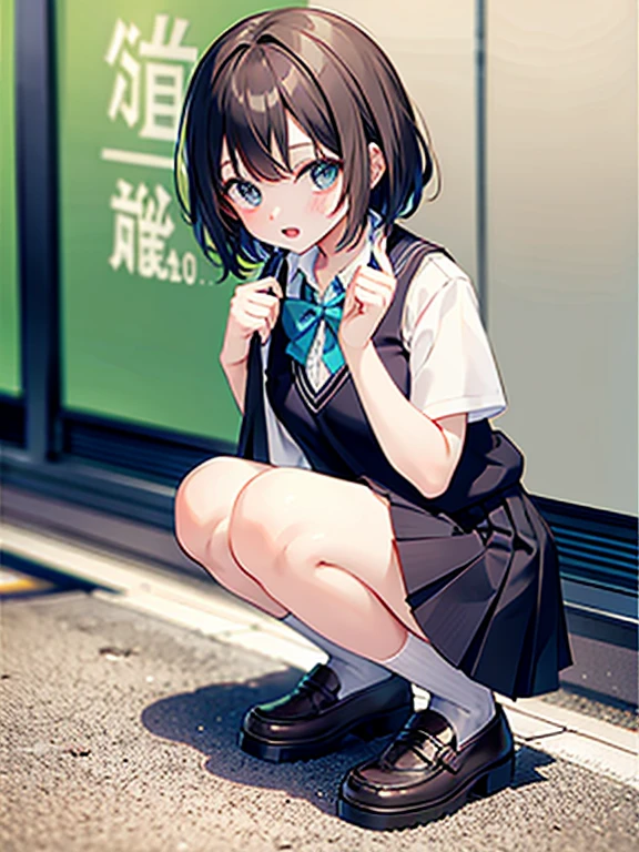 8 year old elementary school girl、Lift up your skirt while squatting to show off your pussy.