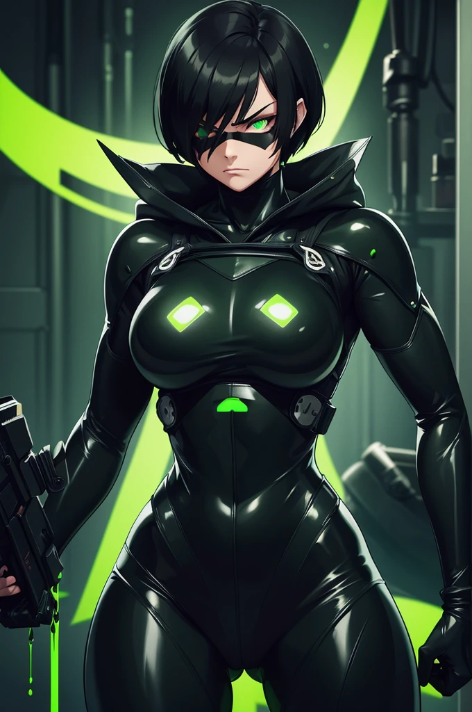 Strong woman villain, Angry face, Black mask over eyes, Short black hair, Green glowing eyes, black Rubber bodysuit, Long black rubber gloves, long black rubber boots, machine with green liquid tubes attached to back, Green liquid wires on wrist attached to machine on back.