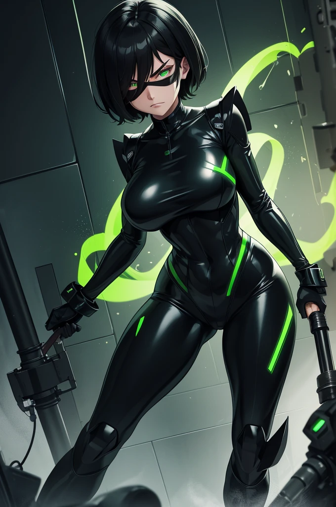 Strong woman villain, Angry face, Black mask over eyes, Short black hair, Green glowing eyes, black Rubber bodysuit, Long black rubber gloves, long black rubber boots, machine with green liquid tubes attached to back, Green liquid wires on wrist attached to machine on back.