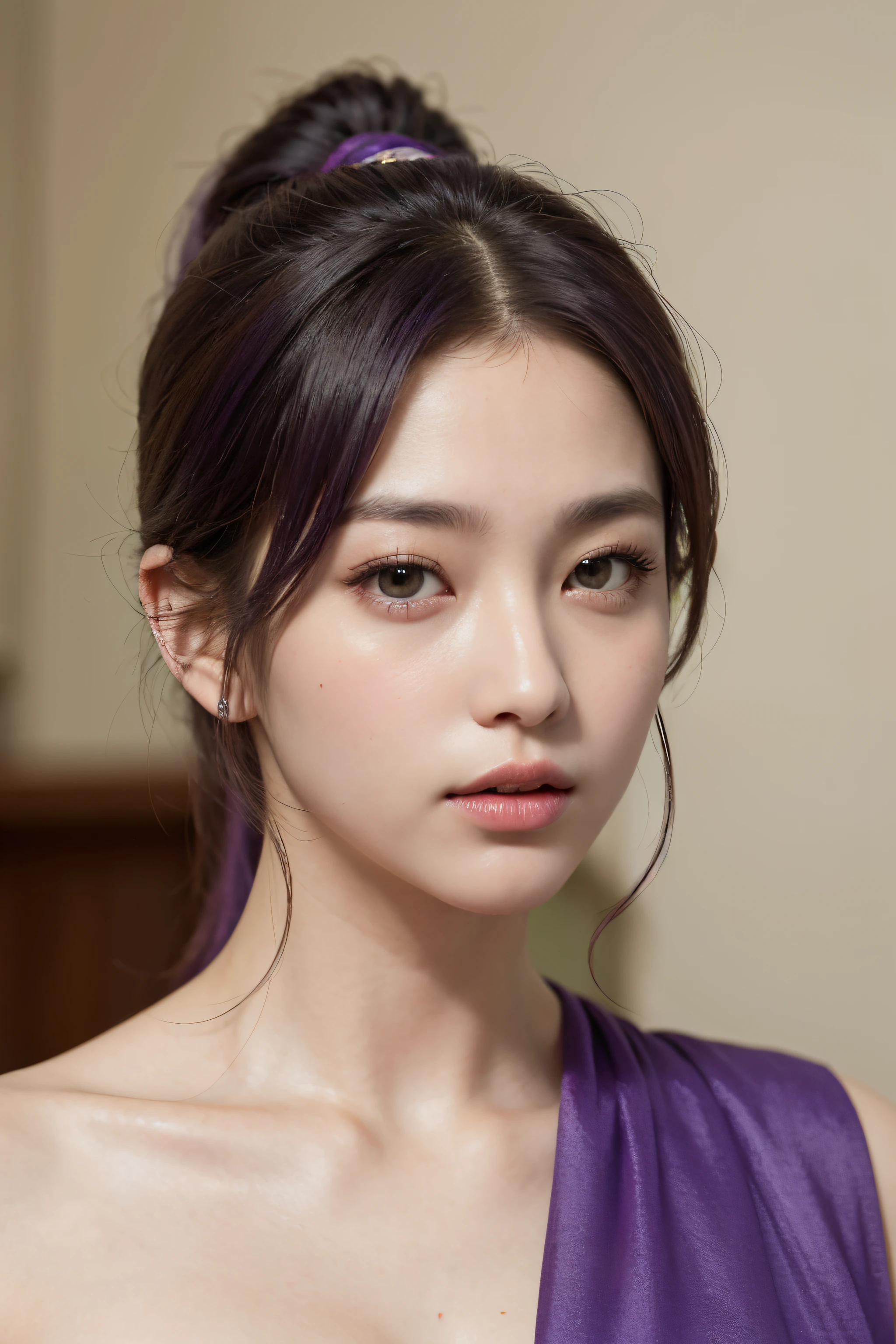 (Master peace、the highest quality、with high resolution、photo-realistic)、Silky skin、Lighting adapted to photography、Finely sculpted faces、women、purple hair、Wolf Bob Kat、Strong perm、a ponytail、Fat body