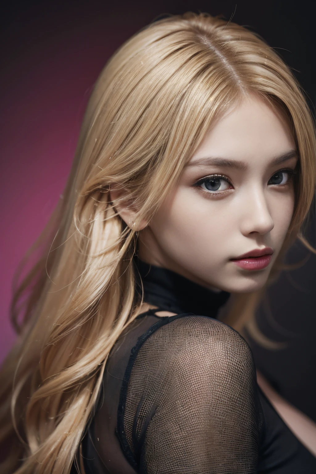 (masutepiece:1.3), (8K, Photorealistic, Raw photo, Best Quality: 1.4), A Japanese Lady, super model, (1girl in), Beautiful face, (Realistic face), (Long Blonde Hair), Beautiful hairstyle, Realistic eyes, Beautiful detailed eyes (Yellow eyes), (Realistic skin), Beautiful skin, (Sweaters), absurderes, Attractive, 超A high resolution, A hyper-realistic, Highly detailed, Golden ratio, 23years old, full body Esbian