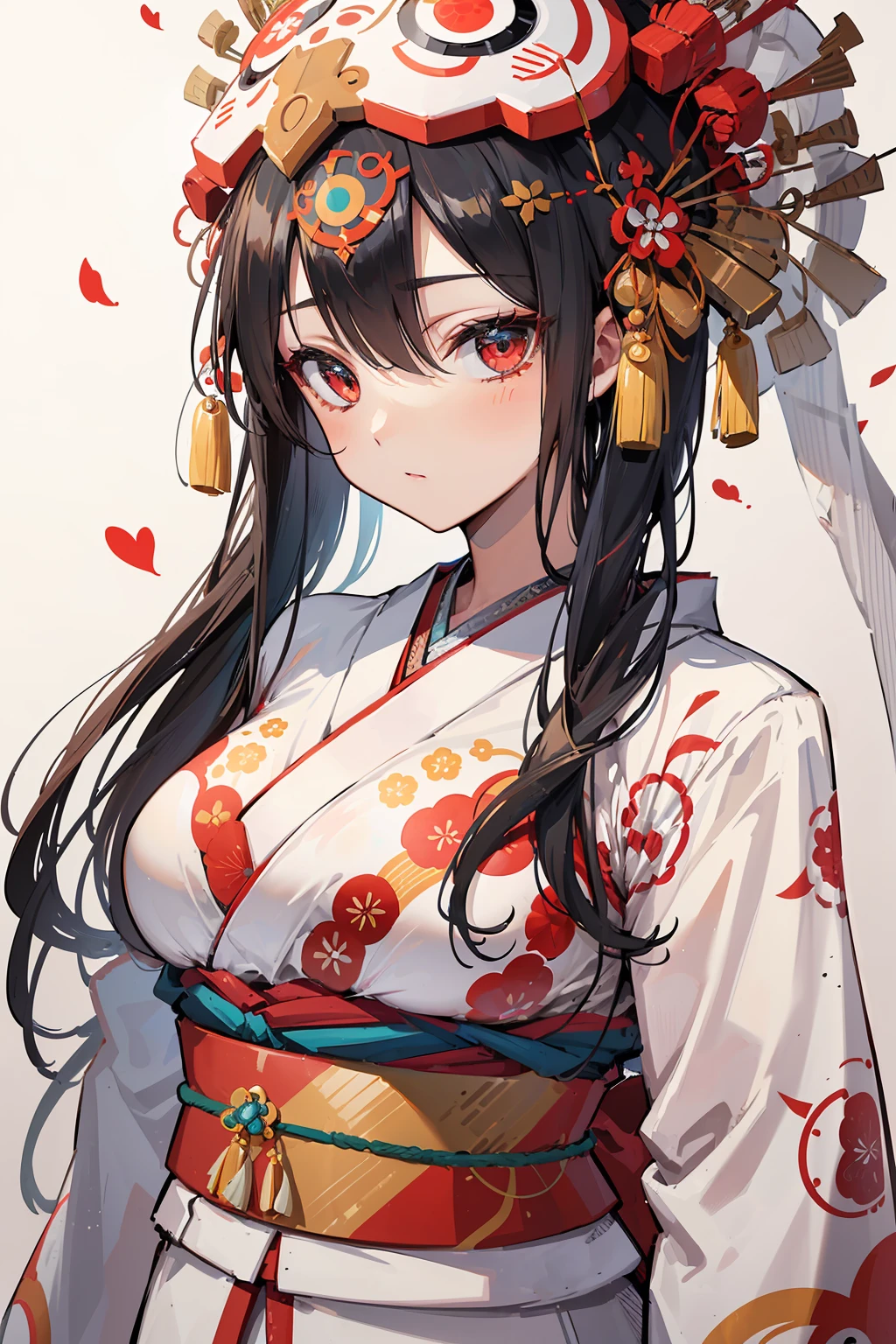 masterpiece, Best Quality, Extremely detailed, goddess of Japan, (Amaterasu:1.5), Black hair, Bright eye, Beautiful eyes, (a circle of light behind her:1.3), (A very luxurious white color ceremonial kimono with many decorations:1.5), (upper body:1.3), Movie Lighting, bright light line