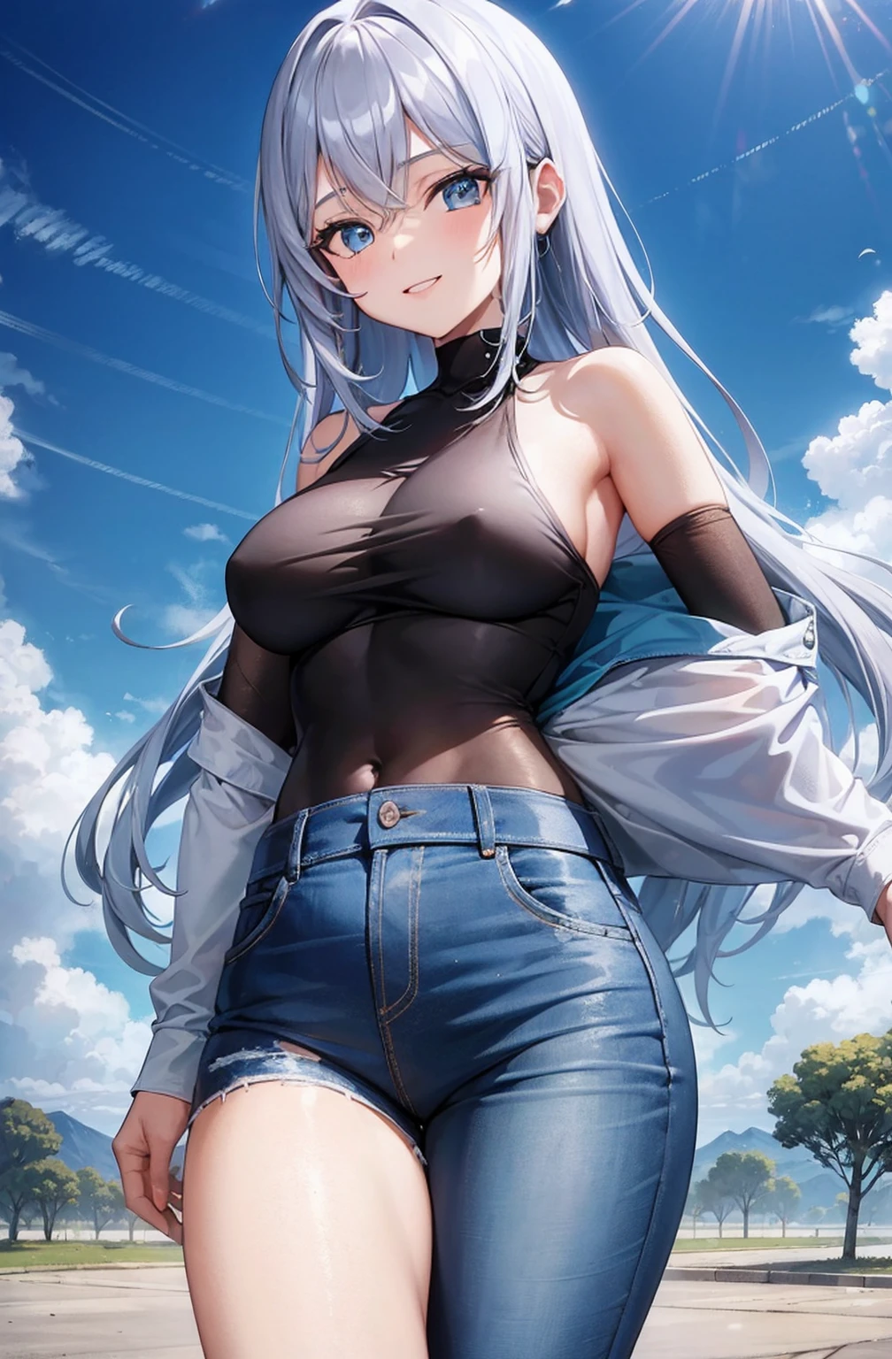 1 girl, longos cabelos brancos prateados com azul safira no final de cada mecha, olhos azuis de safira, alto, gorgeous, Beautiful, peituda, coxas grossas, seios grandes, maduro, colina nevada, clear blue sky, vestindo uma jaqueta azul de inverno com capuz fofo, jeans preto, Olhando para o Viewer, sorrindo calorosamente, clothes are not revealing