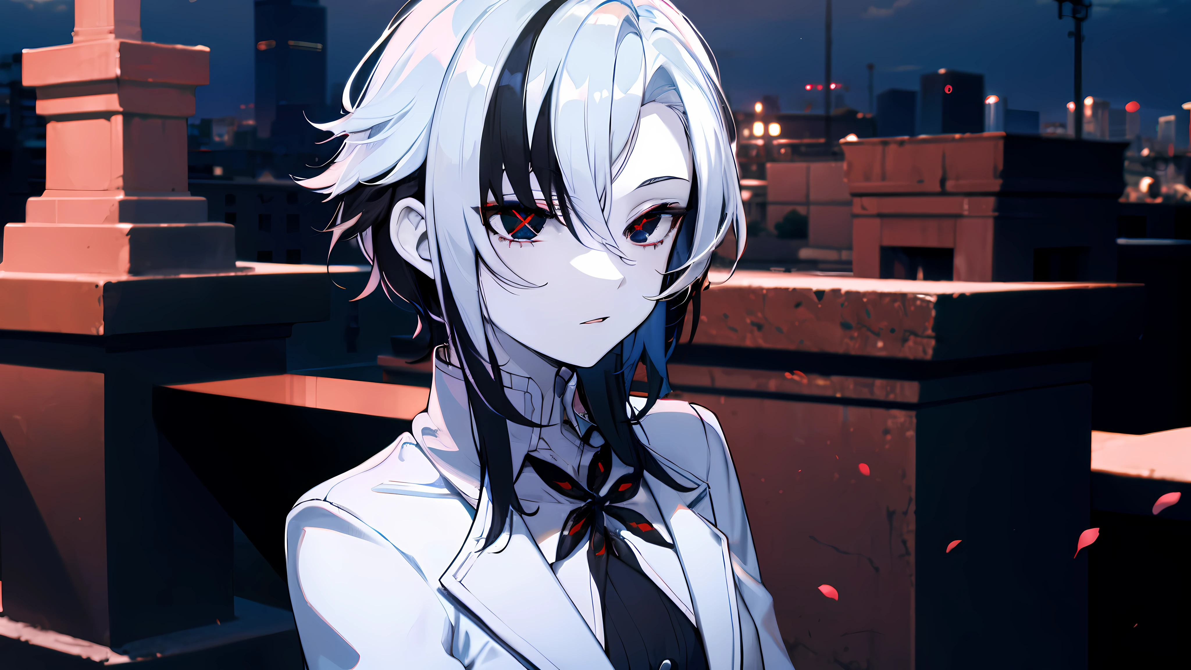 (masterpiece:1.2), (pale skin:1.2), (solo:1.2), (female:1.1), (emphasis lines:1.3), short hair, white hair, black hair, black eyes, (x-shaped pupils:1.5), white attire, outdoors, night, closed mouth